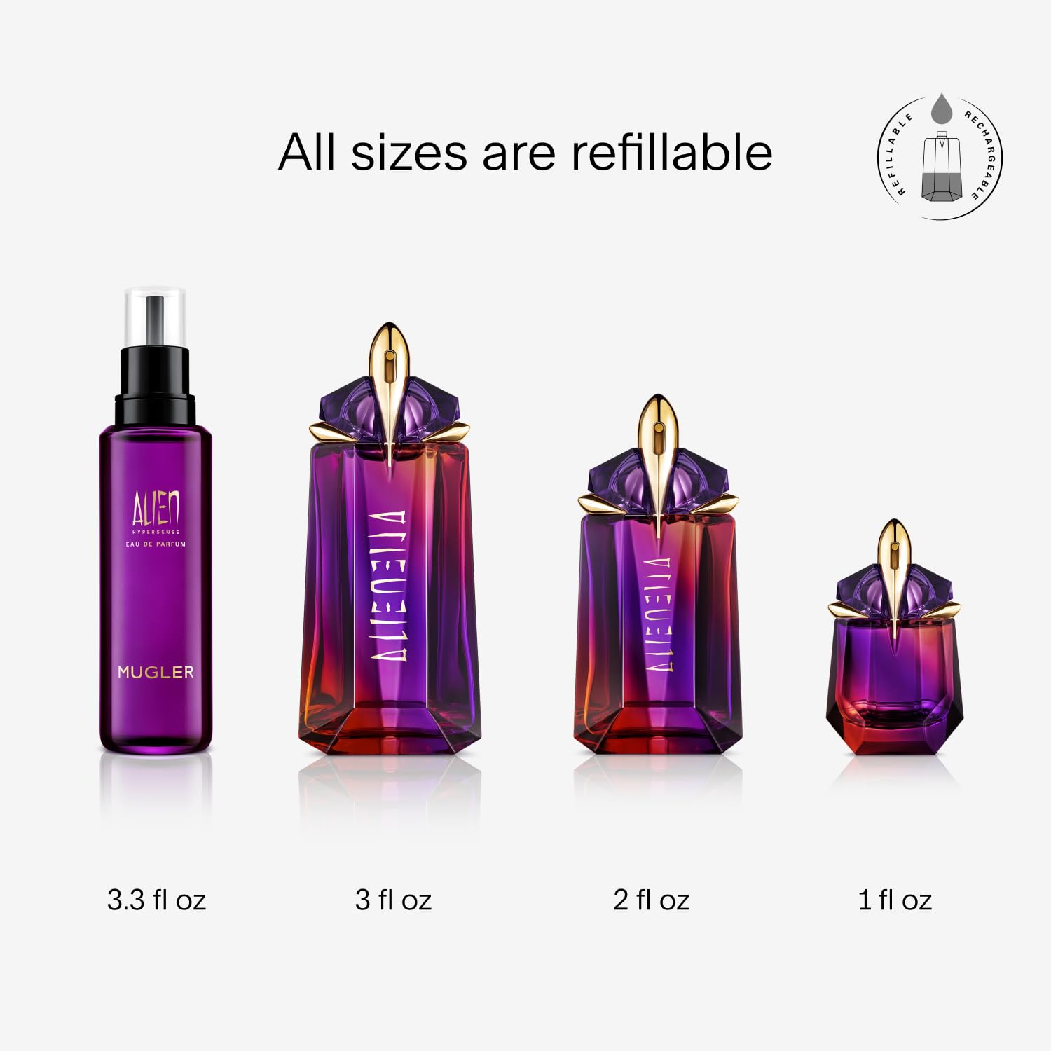 Mugler Alien Hypersense Eau de Parfum for Women - Floral Woody Perfume with Green Mandarin, Pear, Jasmine & Cashmere Notes - 2oz Refillable Bottle + 3.3oz Refill - Luxury Fragrance for Evening Events, Date Nights & Special Occasions