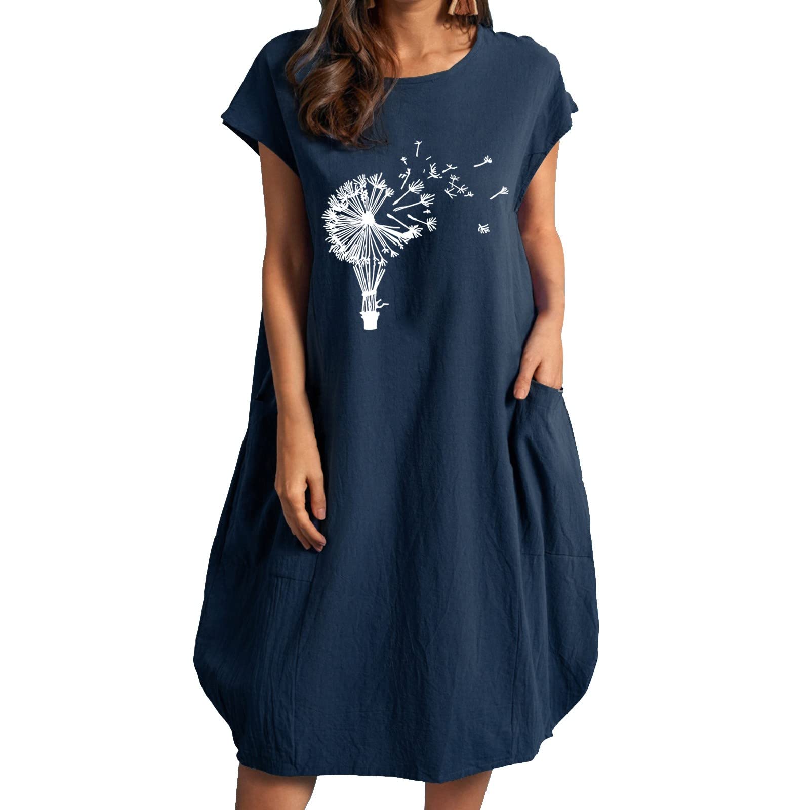 Women's Dandelion Print Loose Short Sleeve Summer Dress - Flowy Round Neck Long Sun Dress for Beach, Vacation & Casual Outings