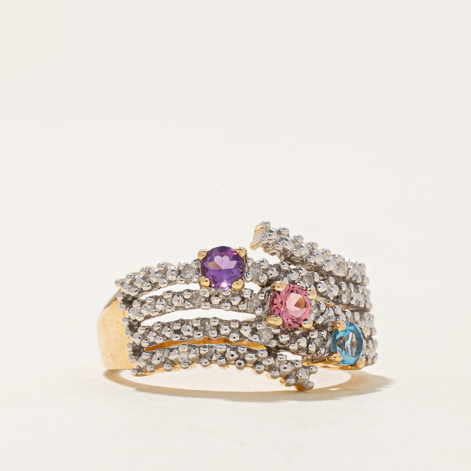 Multi Gemstone & Diamond Multi Row Ring - 0.30ctw Total Weight, 0.07ctw Diamonds - Size 6.25 - Elegant Stackable Ring for Women, Perfect for Weddings, Anniversaries & Special Occasions