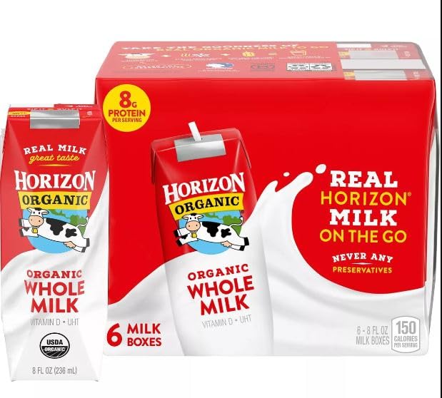 Horizon Organic Shelf-Stable Whole Milk Boxes - 6 Pack of 8oz Single Serve Milk Cartons | UHT Milk for Kids Lunchboxes, Camping, Emergency Food Storage & On-the-Go Nutrition