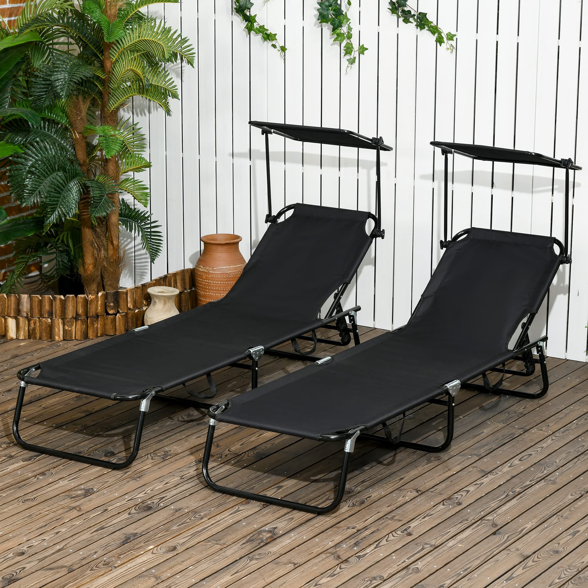 Outsunny 2-Pack Folding Chaise Lounge Chairs with Canopy Shade - Adjustable Reclining Back, Steel Frame & Side Pocket - Perfect for Poolside, Beach, Backyard & Patio Relaxation