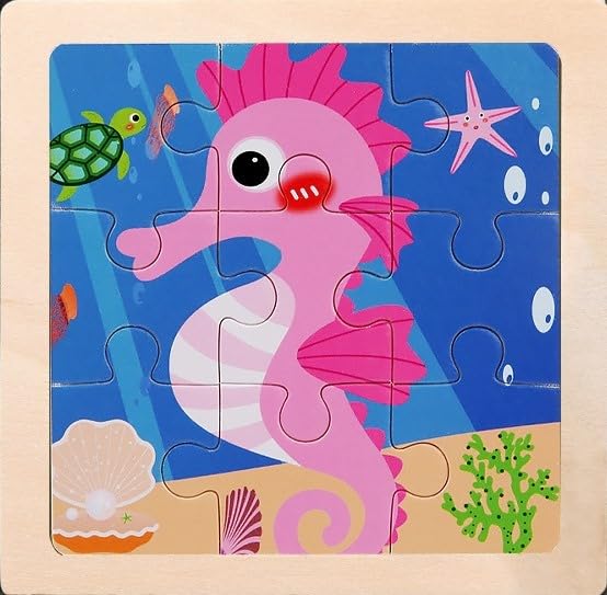 9-Piece Wooden Jigsaw Puzzle Set - Wildlife Animal Learning Toys for Toddlers & Preschool Kids (Pack of 6, SEA Animals) - Educational Montessori Toys for Early Childhood Development & Classroom Activities