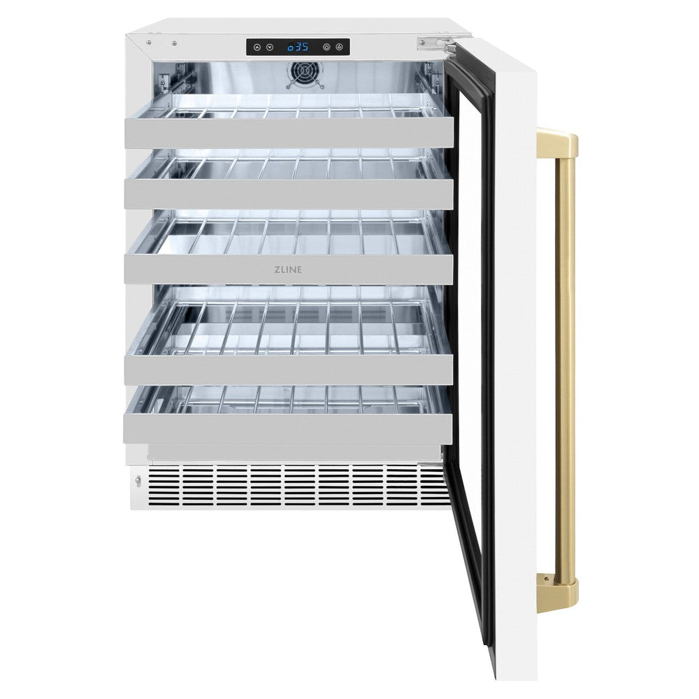 ZLINE Autograph Edition 24 Inch Dual Zone Wine Cooler - 44 Bottle Capacity, White Matte Glass Door & Champagne Bronze Handle - Perfect for Home Bars, Restaurants, and Wine Cellars (RWDOZ WM 24 CB)