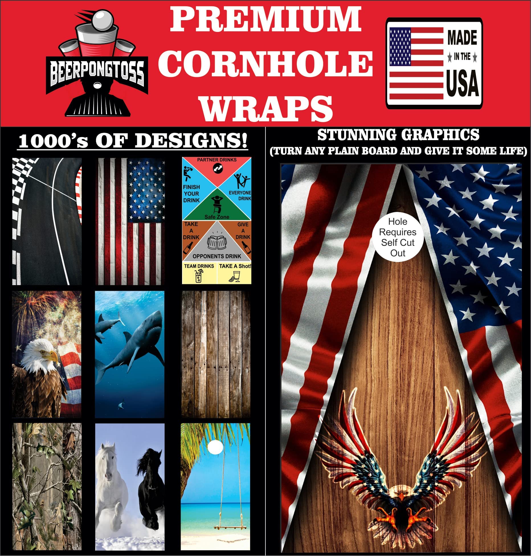 Premium American Eagle Cornhole Board Wraps Set - 2 Tournament-Ready Cornhole Skins with Decals & 8 Professional Cornhole Bags - Perfect for Backyard BBQs, Tailgating & Outdoor Parties