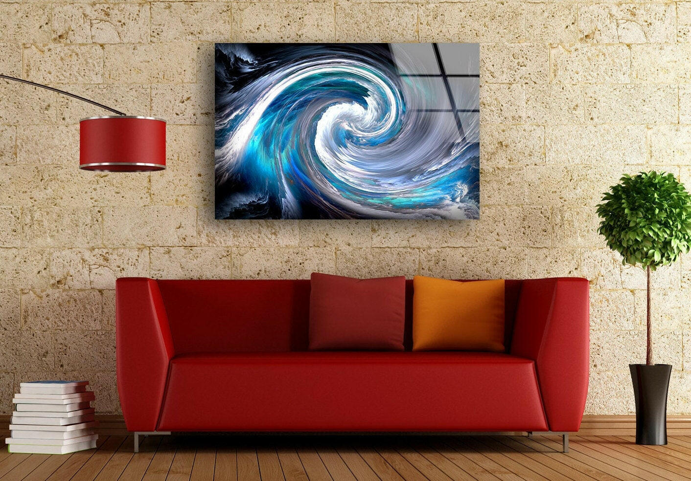 Blue Ocean Swirl Abstract Glass Wall Art - Handmade Modern Sea Wave Decor for Living Room, Bedroom & Office - Unique Home & Interior Design Gift Idea