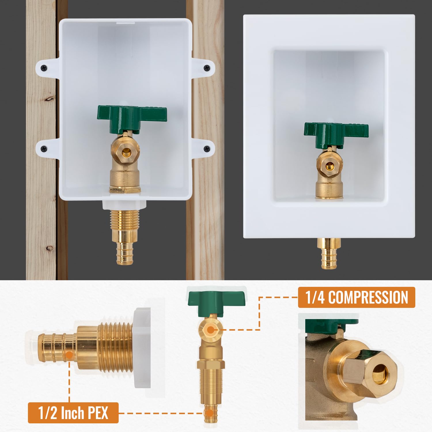 1/2 Inch PEX Crimp Inlet x 1/4 Inch OD Compression Outlet Ice Maker Valve Wall Box with 2 Crimp Rings - SUNGATOR Ice Maker Outlet Box for Refrigerator & Under Sink Installation