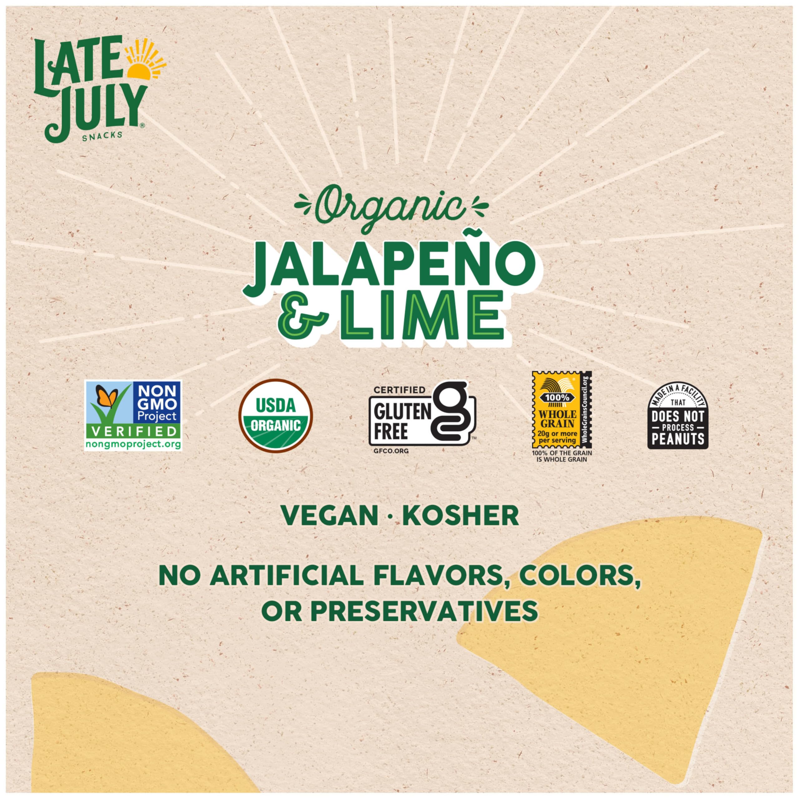 Organic Thin & Crispy Tortilla Chips - Jalapeño & Lime Flavor | Late July Snacks | 10.1 oz Bag | Gluten-Free, Non-GMO | Perfect for Parties, Snacking & Mexican Cuisine