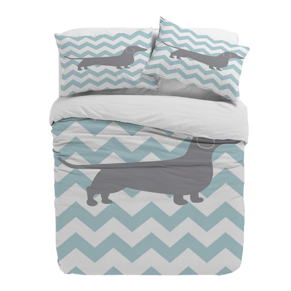 3 Piece King Size Cartoon Duvet Cover Set with 2 Pillow Shams - Blue White Zigzag Dachshund Dog Print Bedding - Soft, Breathable & Durable Fabric with Zipper Closure - Perfect for Kids' Rooms, Guest Bedrooms & Dog Lover Gifts
