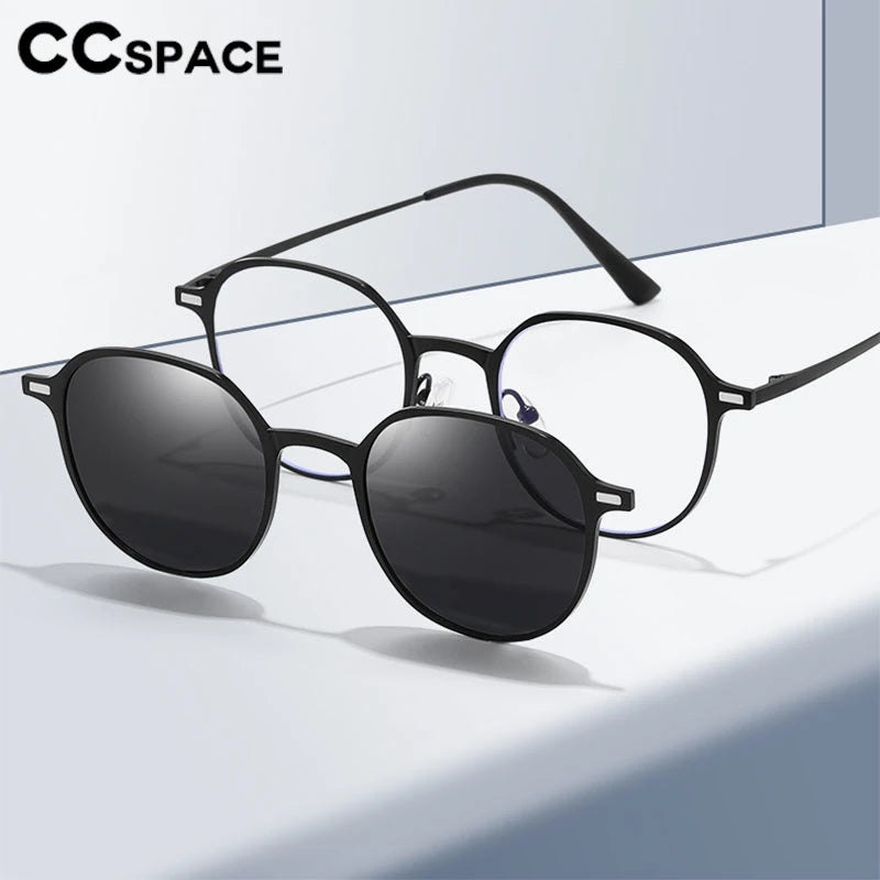 CCspace Women's Full Rim Round Alloy Eyeglasses with Clip-On Sunglasses - Stylish Prescription Glasses & UV Protection Shades for Work, Driving, and Outdoor Activities (Model 302078)