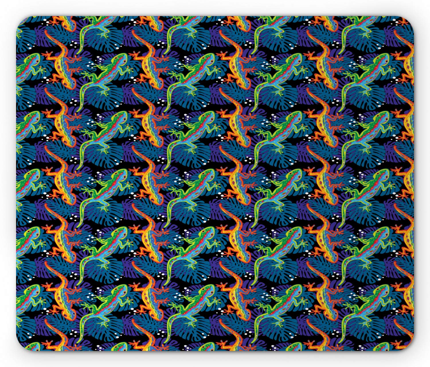 Ambesonne Non-Slip Rubber Mouse Pad with Exotic Colorful Geckos on Tropical Monstera Leaves - Standard Size Rectangle Mousepad for Office, Gaming & Computer Use - Vibrant Multicolor Reptile Design