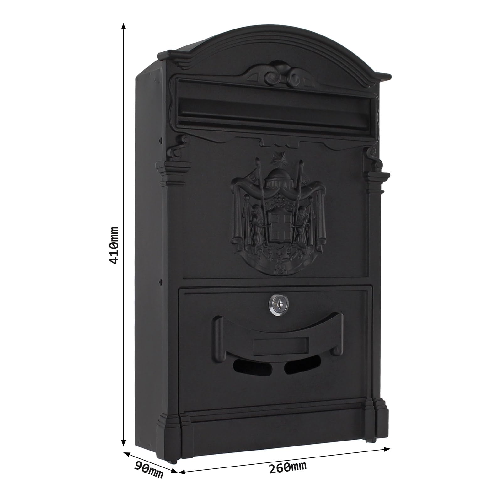 Ashford Traditional Style Post Box with Regal Crest - Outdoor Steel Mailbox in Black for Home & Garden Decor