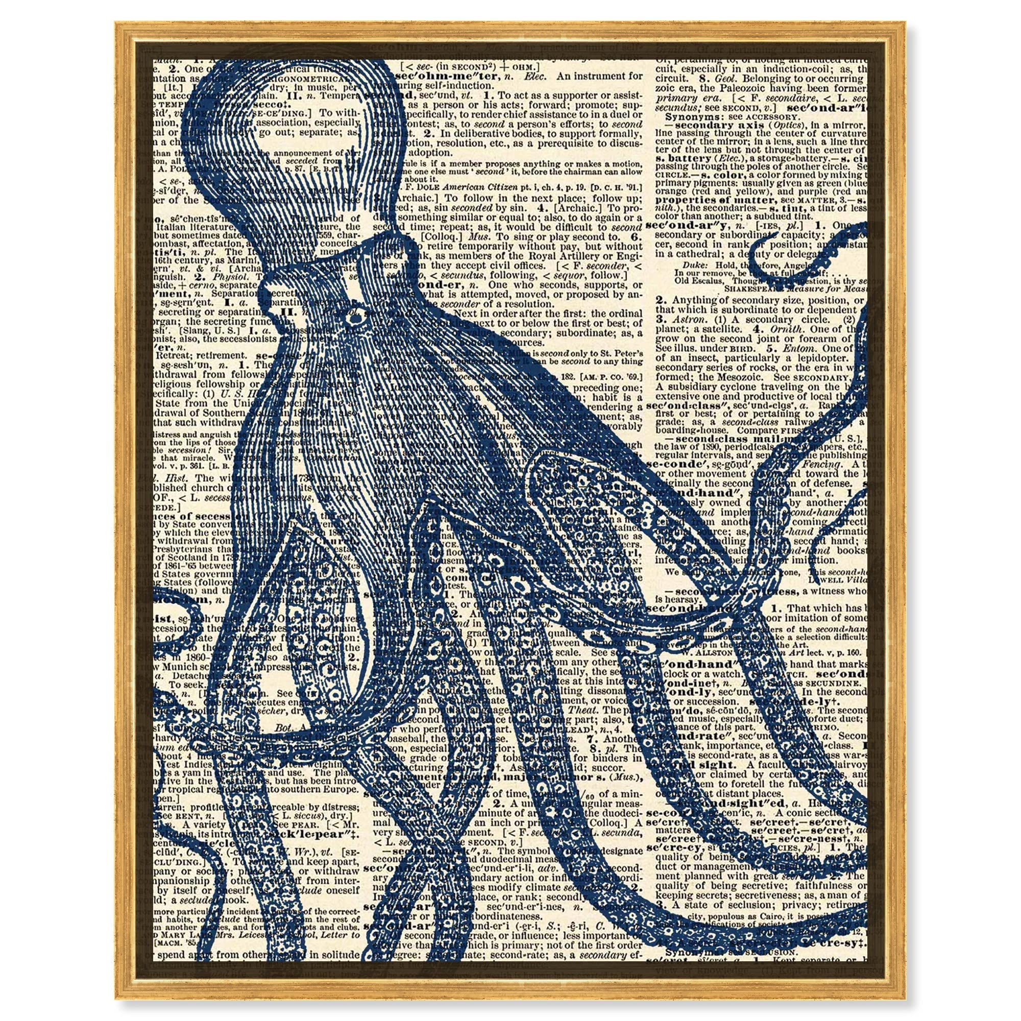Oliver Gal Artist Co. Nautical Wall Art - 24x30 Inch Framed Canvas Print with Gold Floater - Coastal Decor, Marine Life & Octopus Dictionary Art - Perfect for Beach House, Living Room & Office Decor