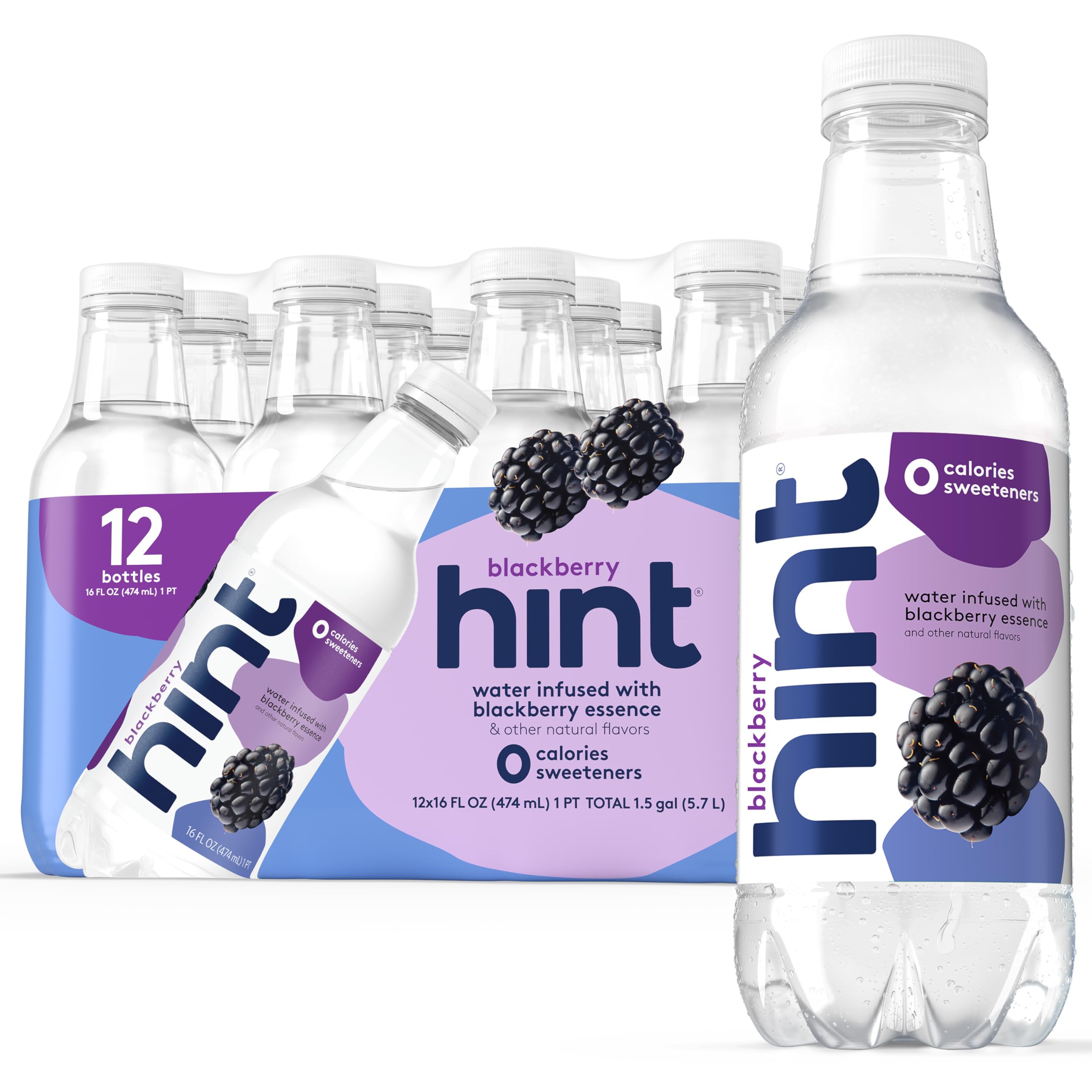 Hint Water Blackberry - 100% Natural Infused Water with Real Fruit, Zero Sugar, Zero Calories, No Artificial Sweeteners or Preservatives, 16 Fl Oz Bottles (Pack of 12) - Perfect for Hydration, Workouts, Office & Healthy Lifestyle