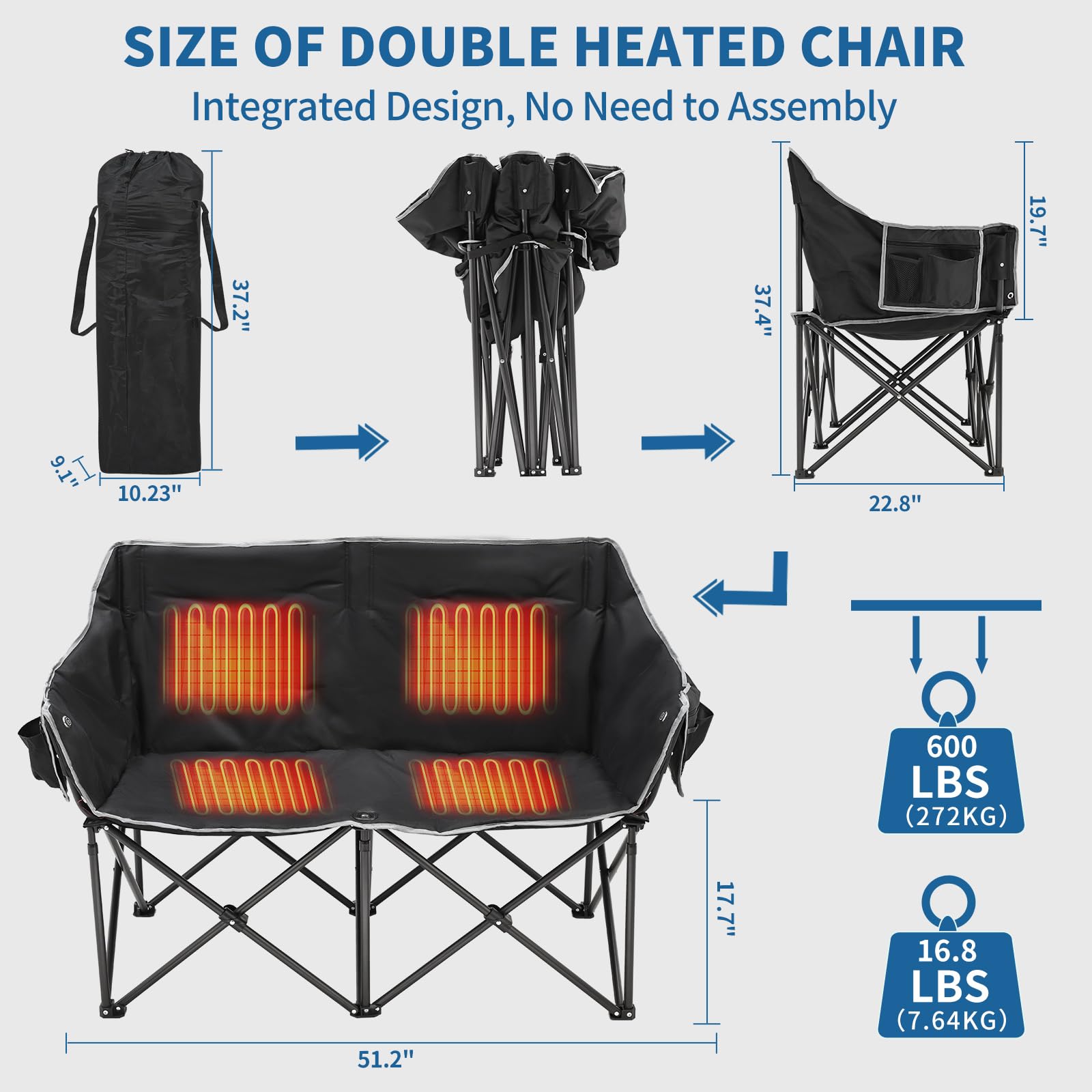 SLSY Oversized Heated 2-Person Camping Chair - Double Folding Loveseat with Padded Seat & Carry Bag - Perfect for Outdoor Camping, Picnics, Beach, Backyard & Tailgating