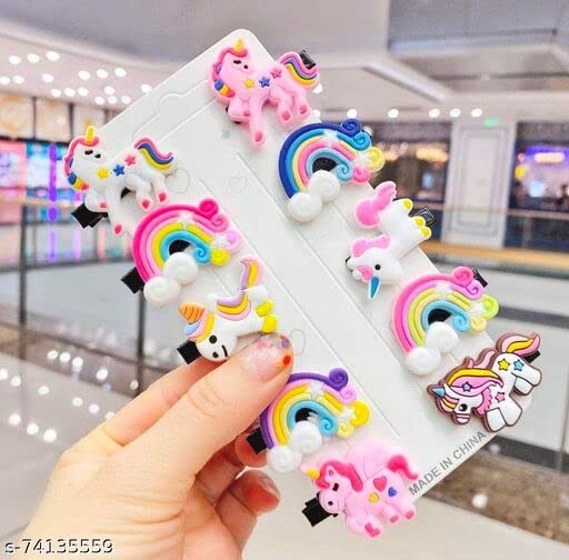 INEFABLE 10-Piece Rainbow Unicorn Hair Clips Set for Girls - Stylish Baby Hairpins, Barrettes & Hair Accessories for Kids & Toddlers (Pink) - Perfect for School, Parties & Daily Wear