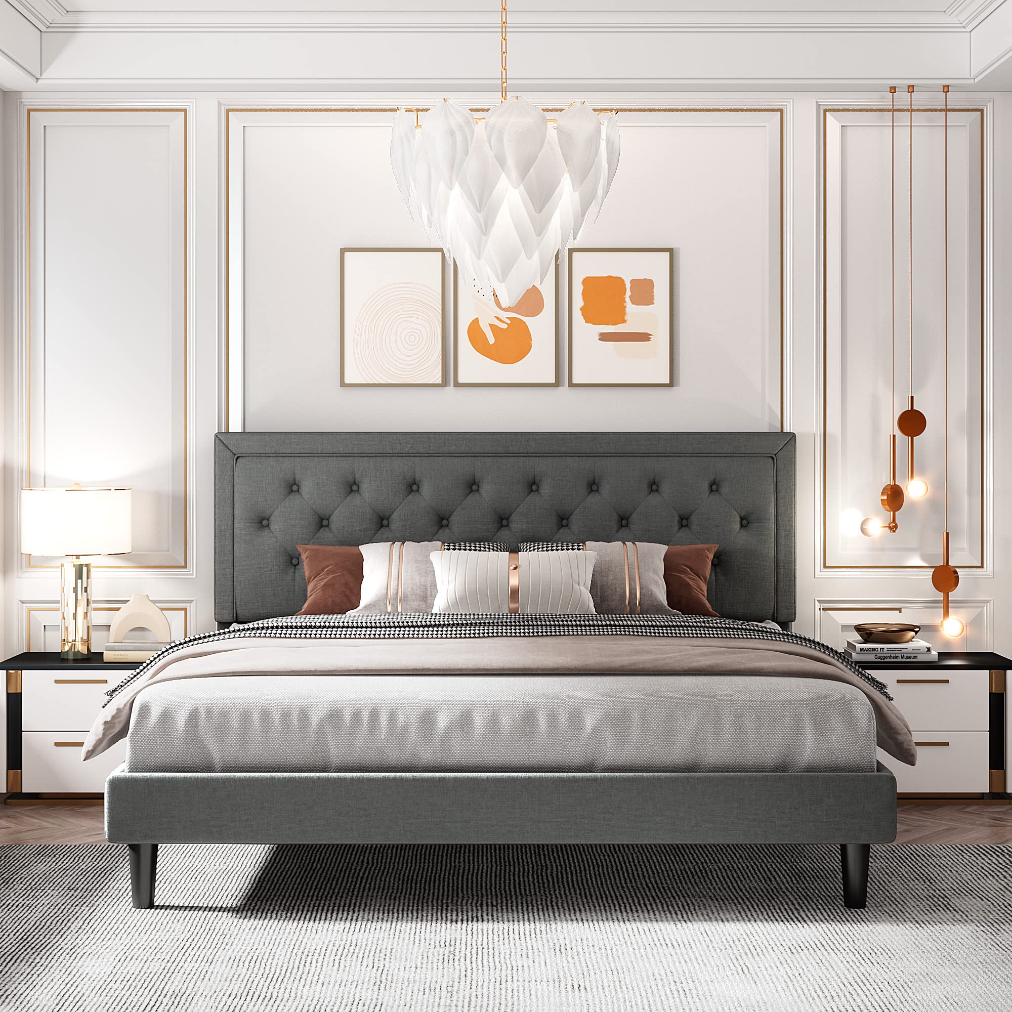 King Size Modern Deluxe Platform Bed Frame - Button Tufted Fabric Upholstered with Adjustable Headboard | Sturdy Wood Slat Support | Mattress Foundation | Easy Assembly | Dark Grey | Perfect for Master Bedrooms, Guest Rooms & Modern Apartments