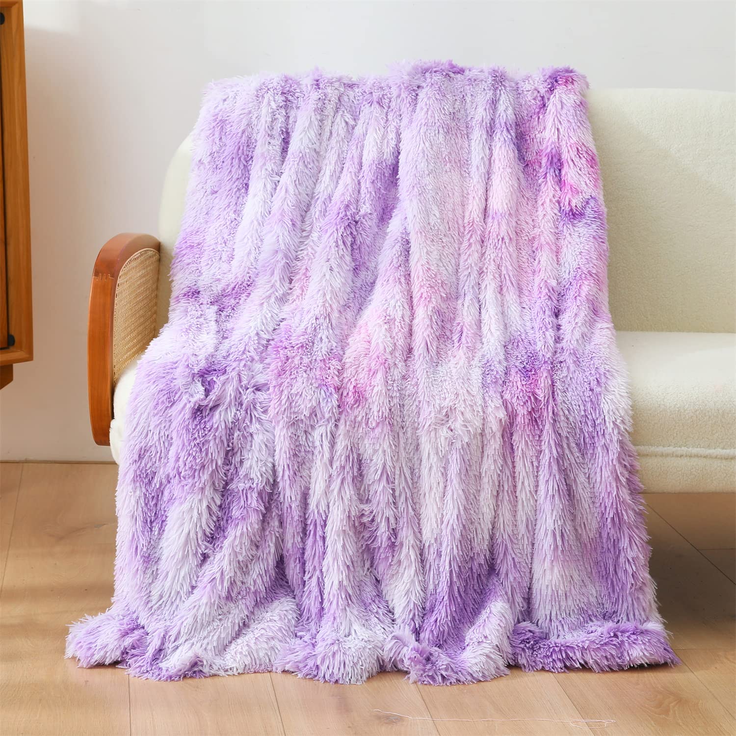 YOUSA Tie Dye Purple Faux Fur Blanket - Super Soft Shaggy Plush Throw Blanket 51x63 Inches - Cozy Decorative Blanket for Bed, Couch, Sofa & Home Decor