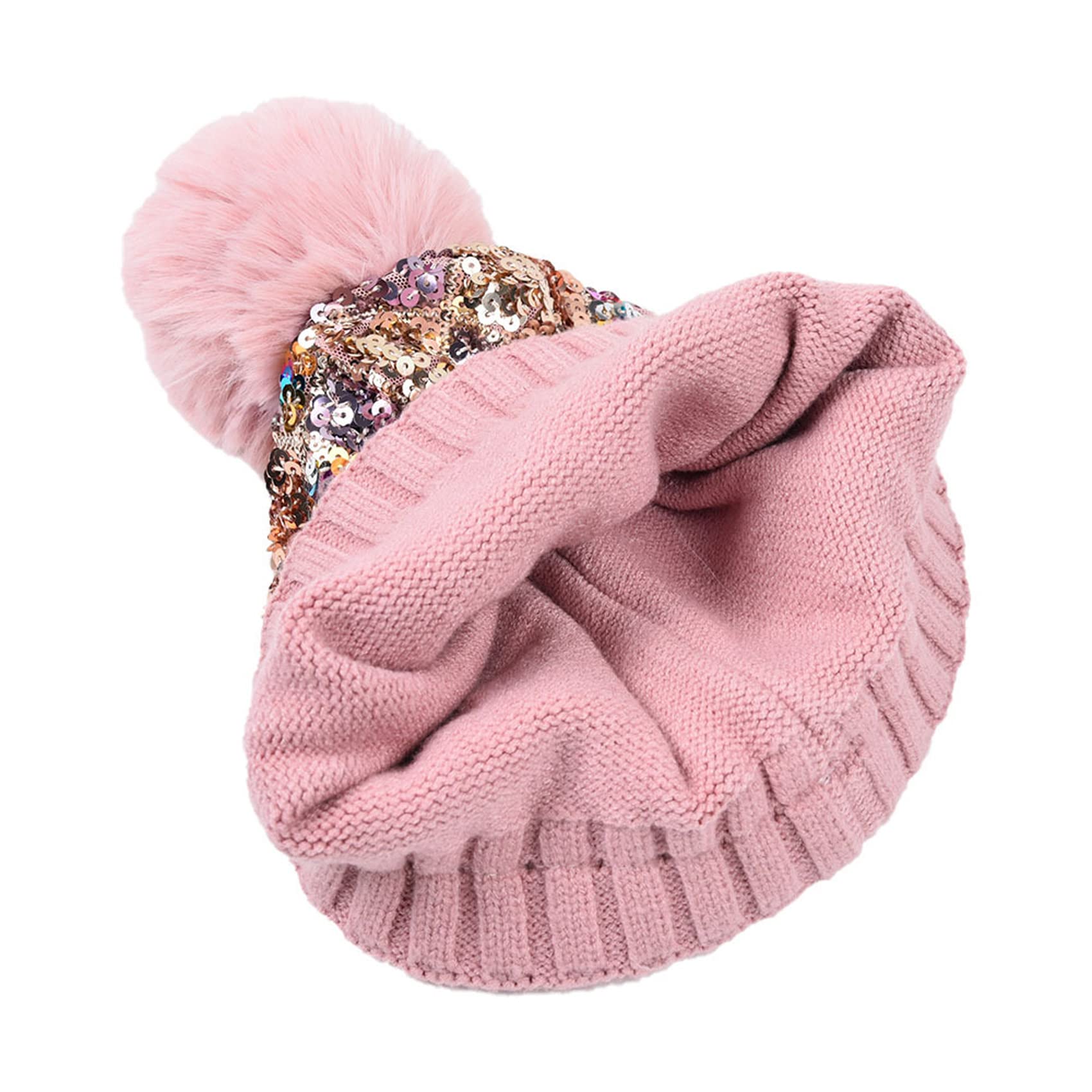 BOLLEY JOSS Women's Winter Beanie Hat with Glitter Sequins & Faux Fur Pom Pom - Colorful Knit Skull Cap for Skiing, Snowboarding & Cold Weather Fashion