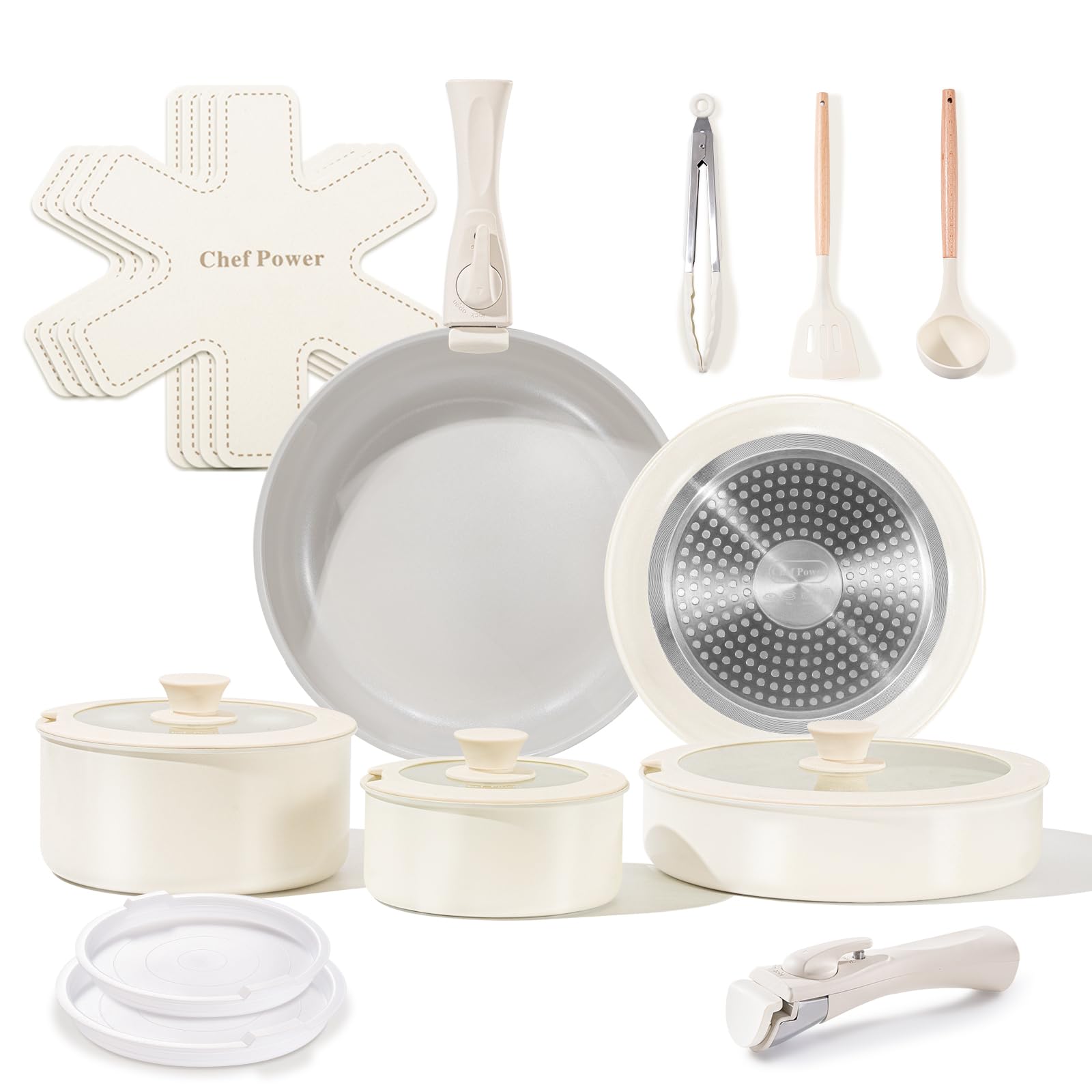 19-Piece Chef Power Ceramic Nonstick Cookware Set with Detachable Handles - Induction, Oven & Dishwasher Safe - Granite Grey & White Pots & Pans for RV, Camping & Home Kitchen