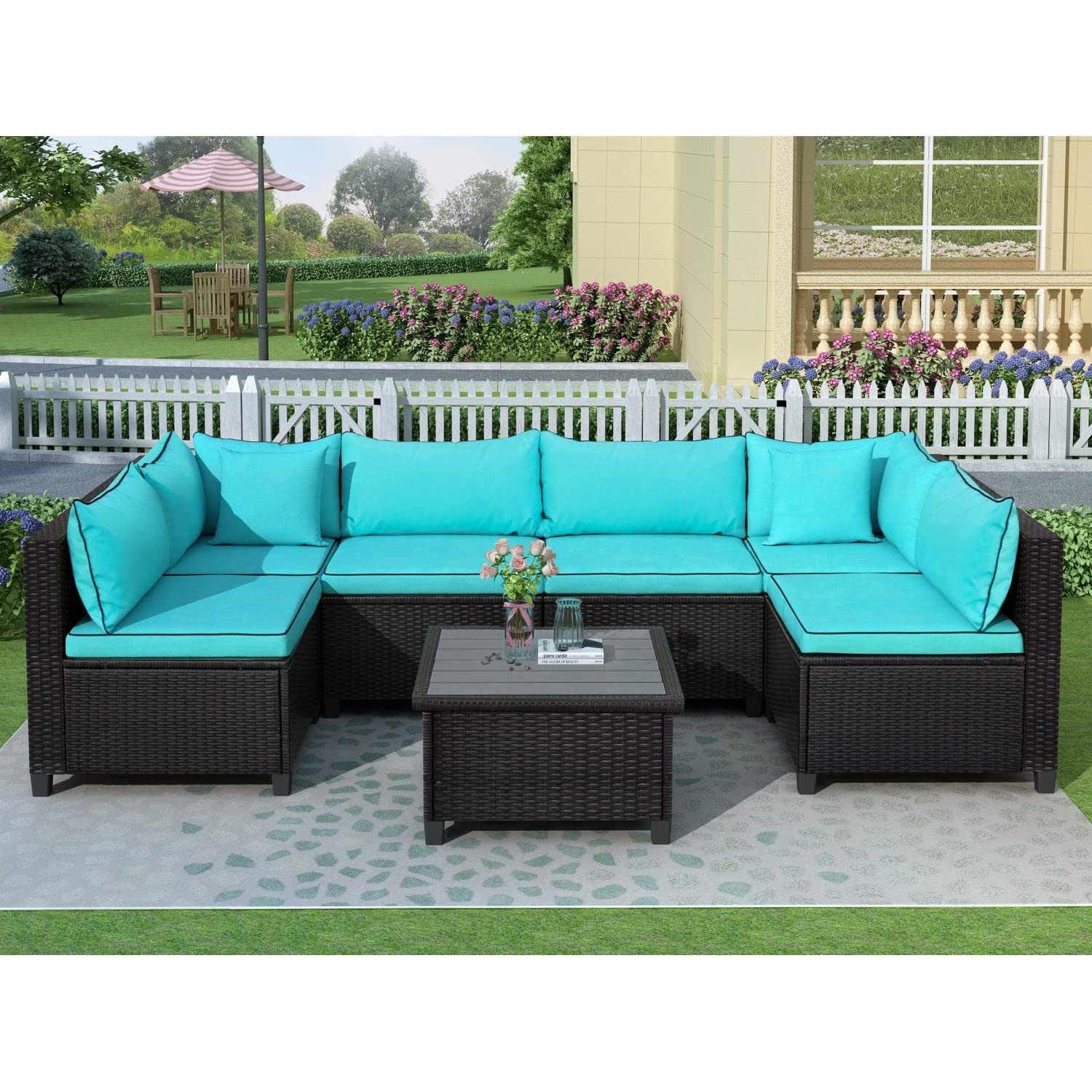 Premium Rattan Wicker Patio Furniture Set - U-Shaped Sectional Sofa with Weather-Resistant Cushions & Decorative Pillows in Modern Blue | Outdoor Lounge Set for Backyard, Poolside or Garden Relaxation