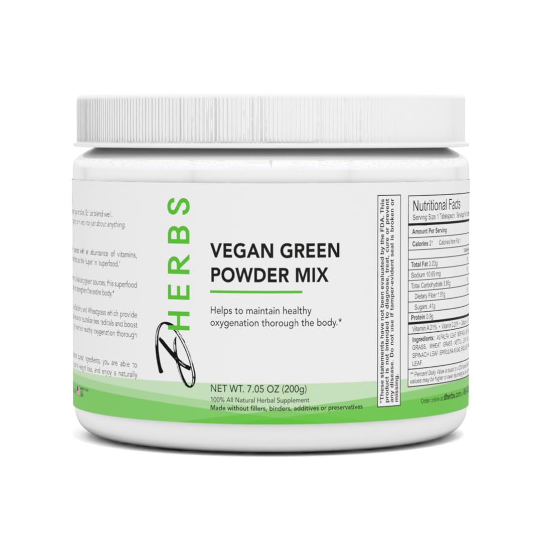 Dherbs Vegan Greens Powder Mix - Organic Superfood Supplement, 7 Oz | Plant-Based Nutrition for Energy & Digestion | Perfect for Smoothies, Juices & Daily Wellness Routine
