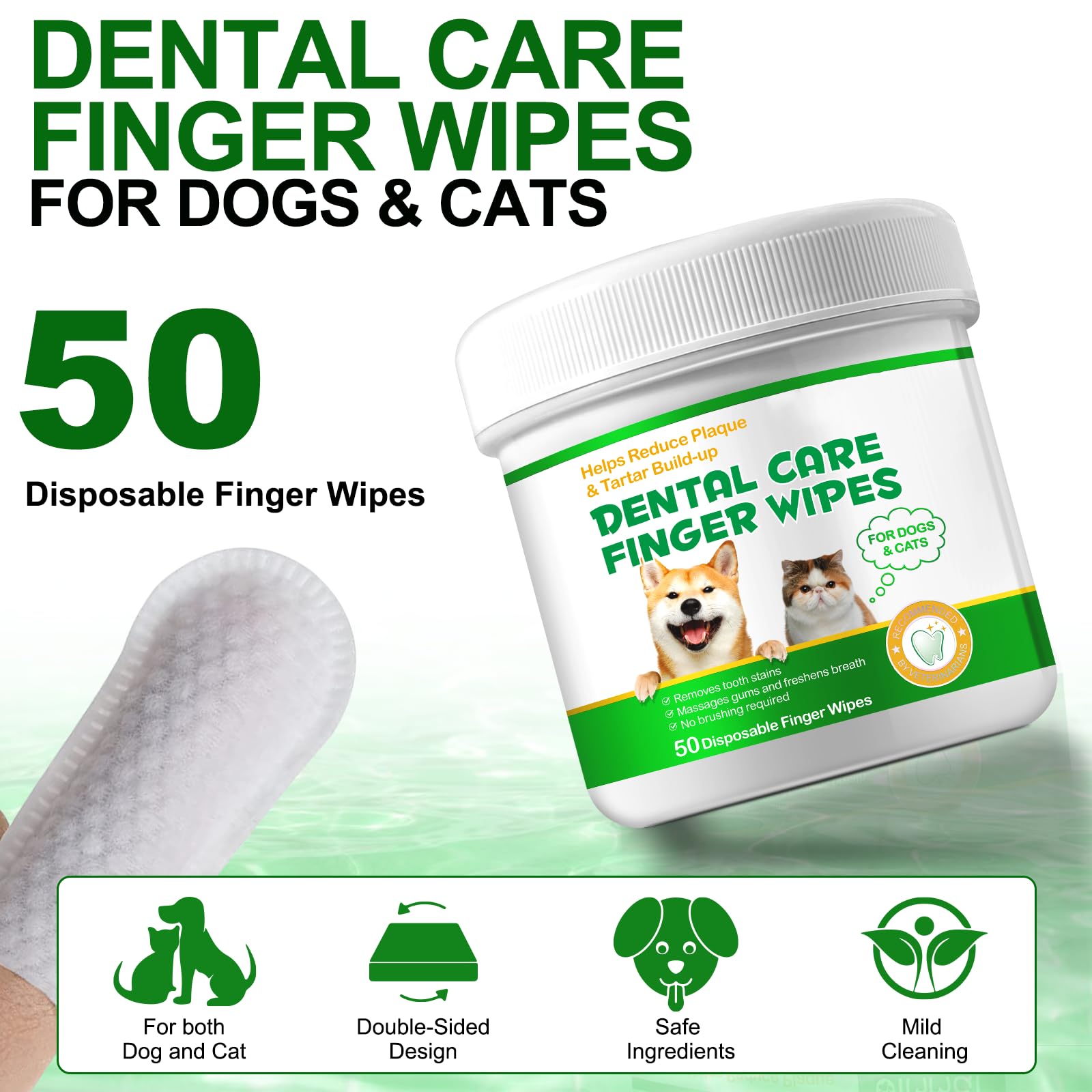 Pet Dental Wipes for Dogs & Cats - 50pcs Finger Toothbrush Wipes for Plaque & Tartar Removal, Dog Teeth Cleaning Kit with Breath Freshener - Perfect for Daily Oral Care at Home or Travel