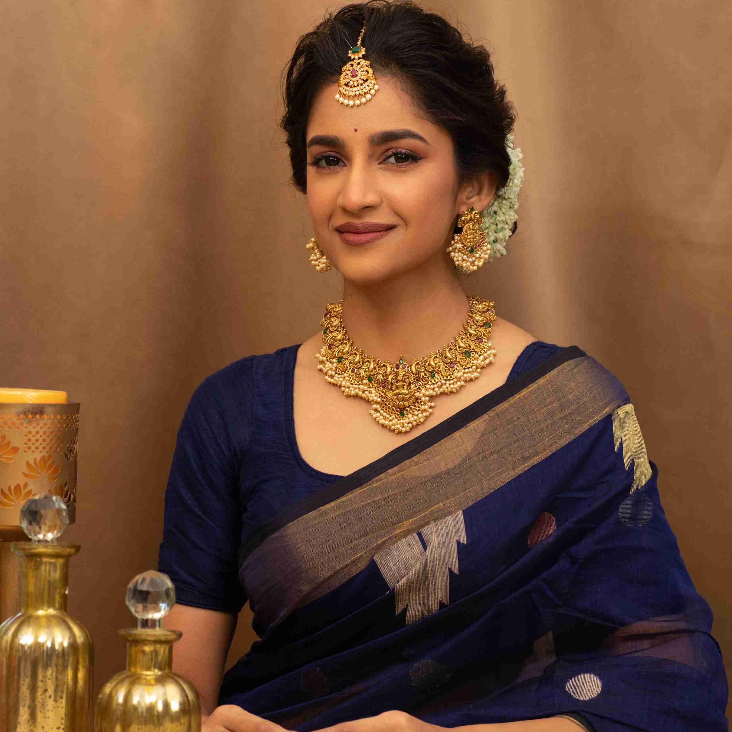 Antique Gold Plated Cira Short Necklace Set with Floral Design - Traditional South Indian Jewelry for Women | Ethnic Bridal Necklace for Weddings, Festivals & Cultural Events | 1 Year Warranty