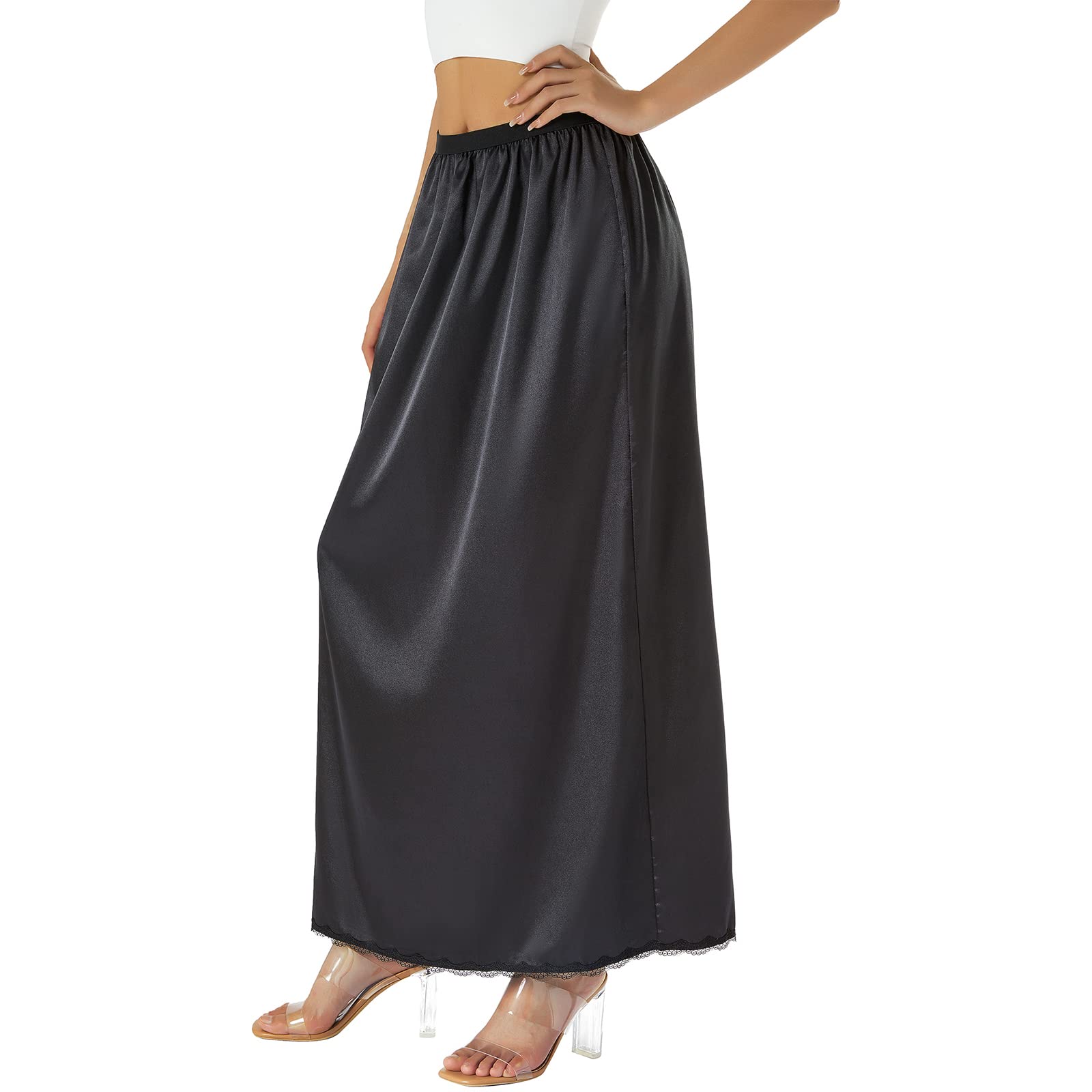 FULA-bao Women's Satin Half Slip - Long Underskirt Dress Extender with Lace Trim - Maxi Skirt for Under Dresses - Perfect for Formal Events, Weddings & Everyday Wear