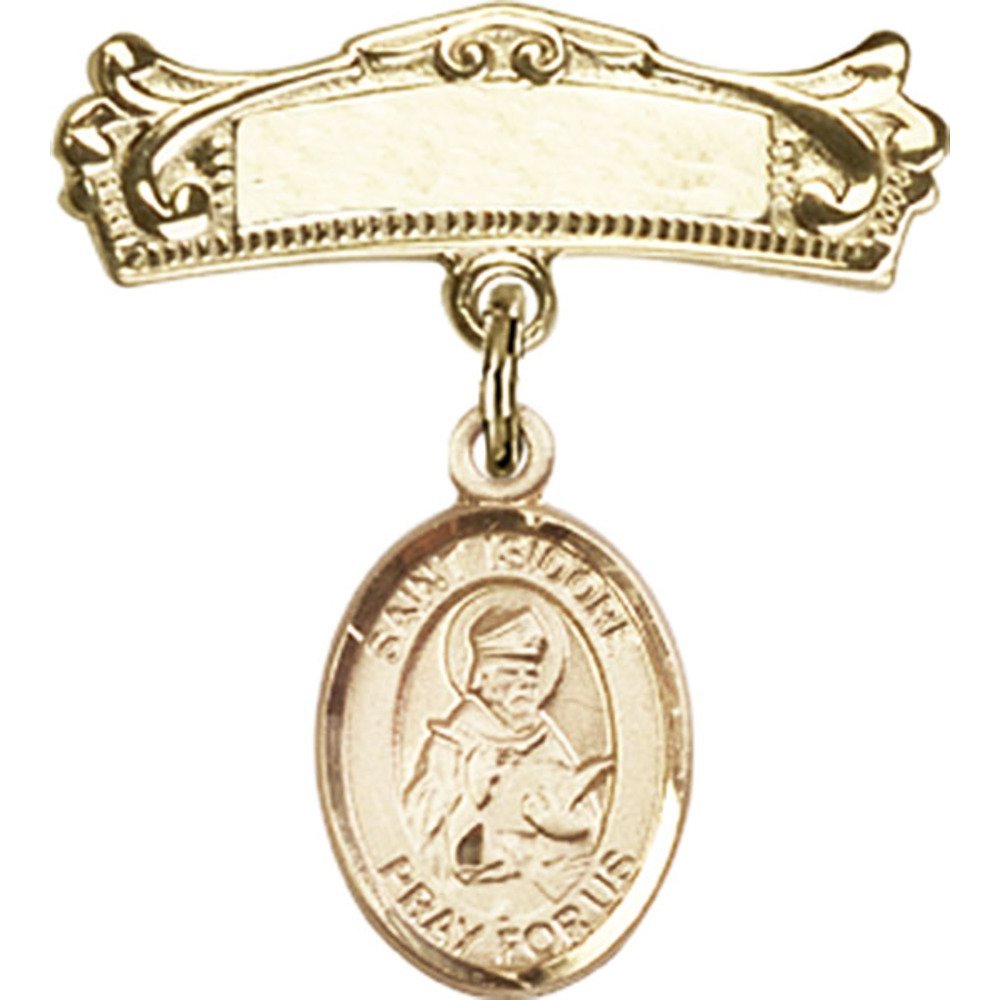 St. Isidore of Seville Gold Filled Baby Badge - 7/8 X 3/4 Inch Arched Polished Charm Pin - Perfect for Baptism Gifts, Baby Showers & Religious Keepsakes