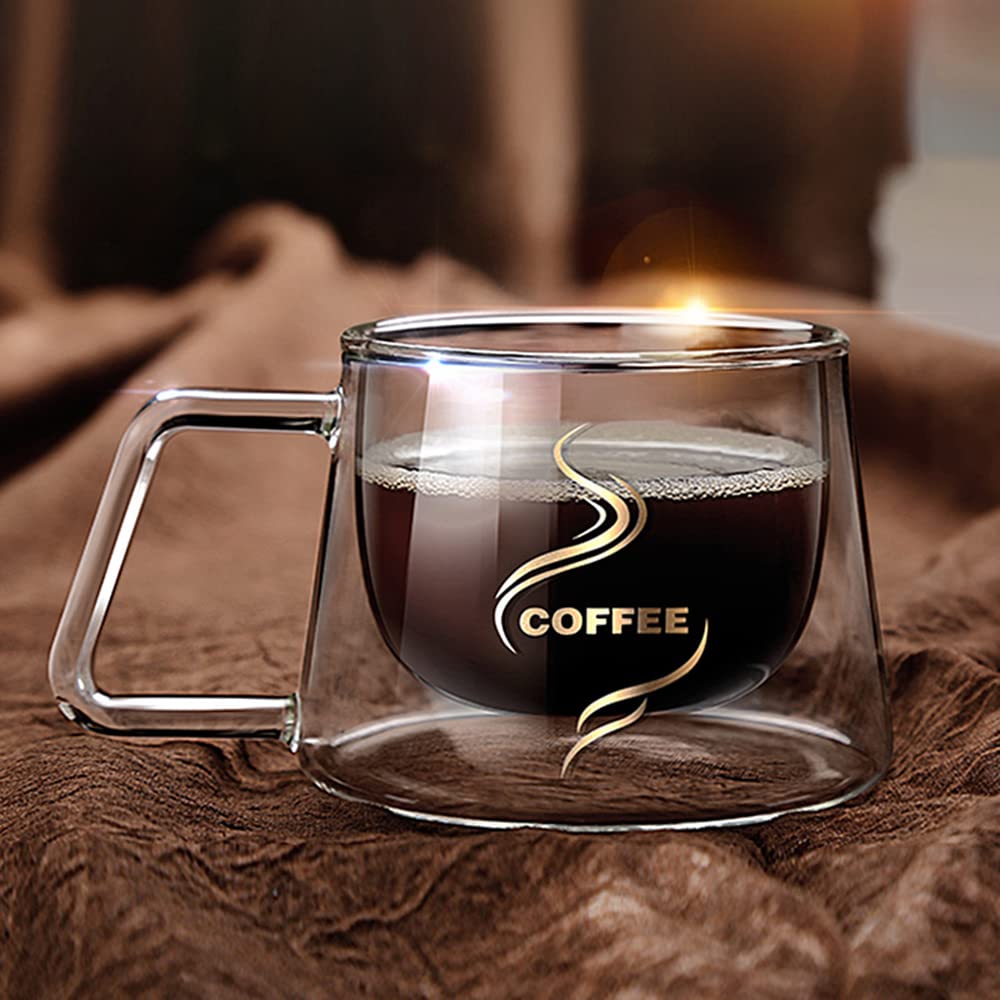 Double Wall Insulated Glass Coffee Mug with Handle - 4oz Clear Heat Resistant Cup for Hot & Cold Drinks - Dishwasher Safe for Tea, Milk, Latte, Espresso, Cappuccino, Juice & Iced Beverages - Perfect for Home, Office & Cafe Use