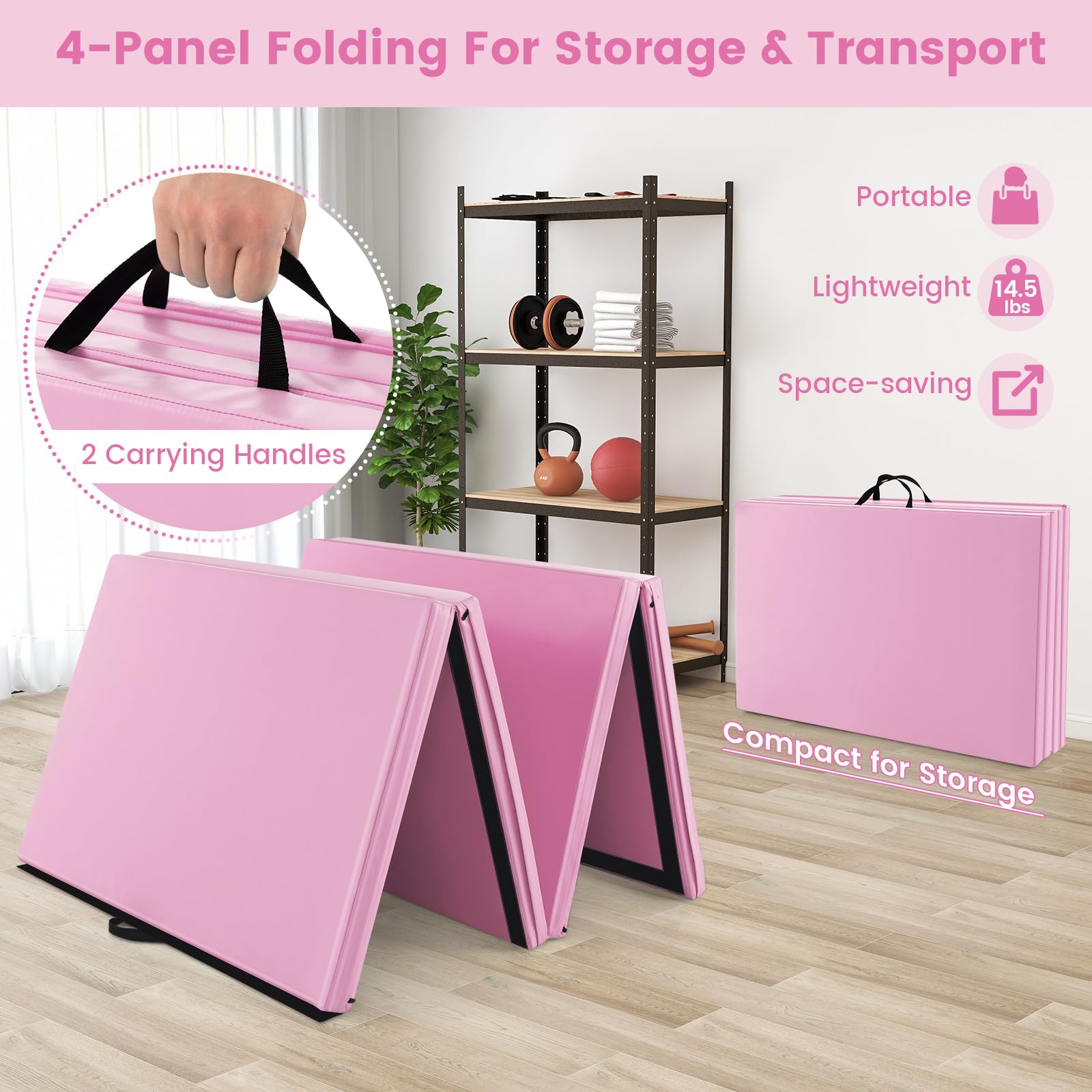 Goplus 10'x4'x2'' Folding Gymnastics Mat - Thick PU Leather Tumbling Mat with Hook & Loop Fasteners & Portable Handles - 4-Panel Exercise Mat for Home Gym, Yoga, Gymnastics, Martial Arts & Kids Play Area