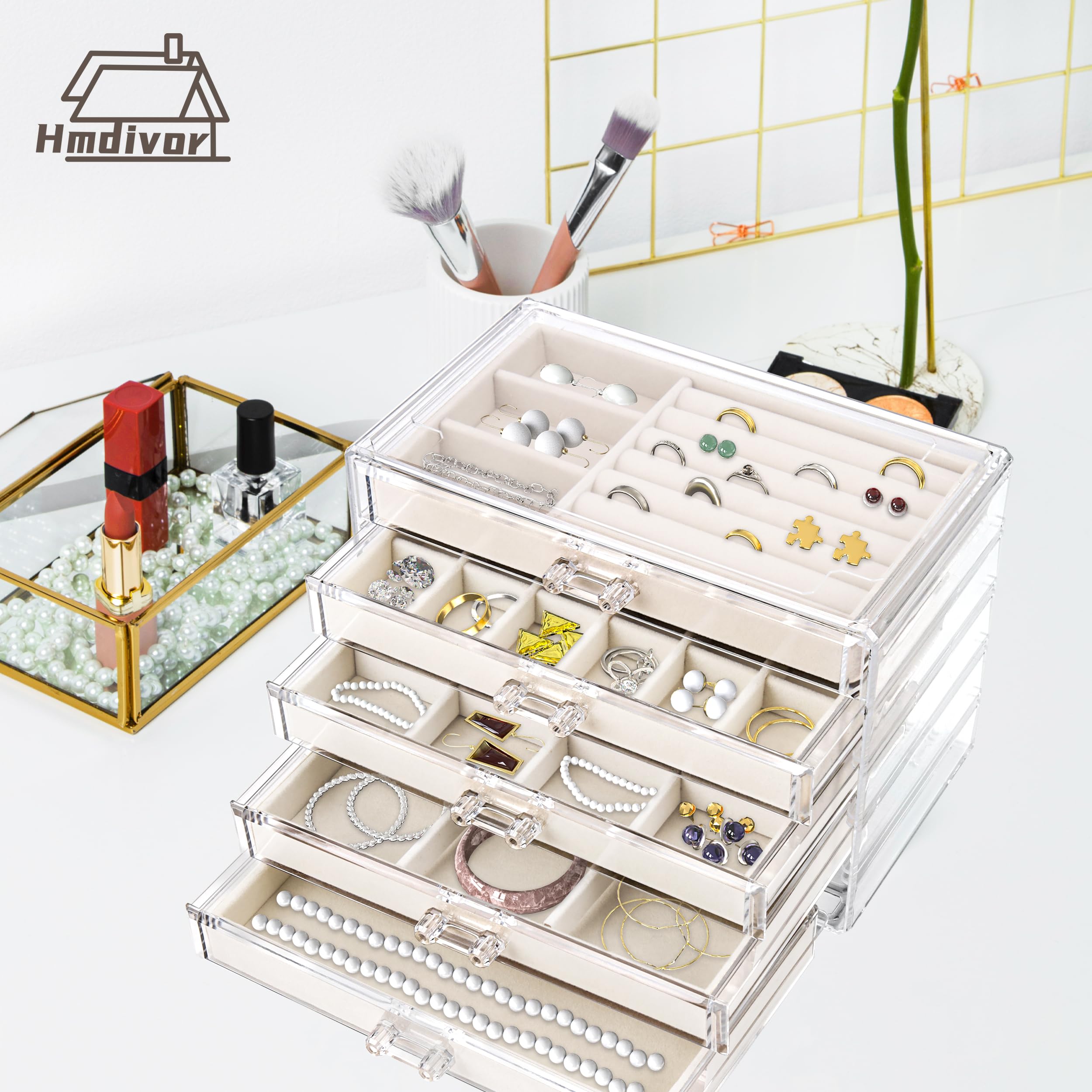 5-Drawer Acrylic Jewelry Organizer with Velvet Trays - Earring, Necklace & Ring Storage Display - Perfect Gift for Women (Beige) | Bedroom Vanity, Closet & Travel Jewelry Box
