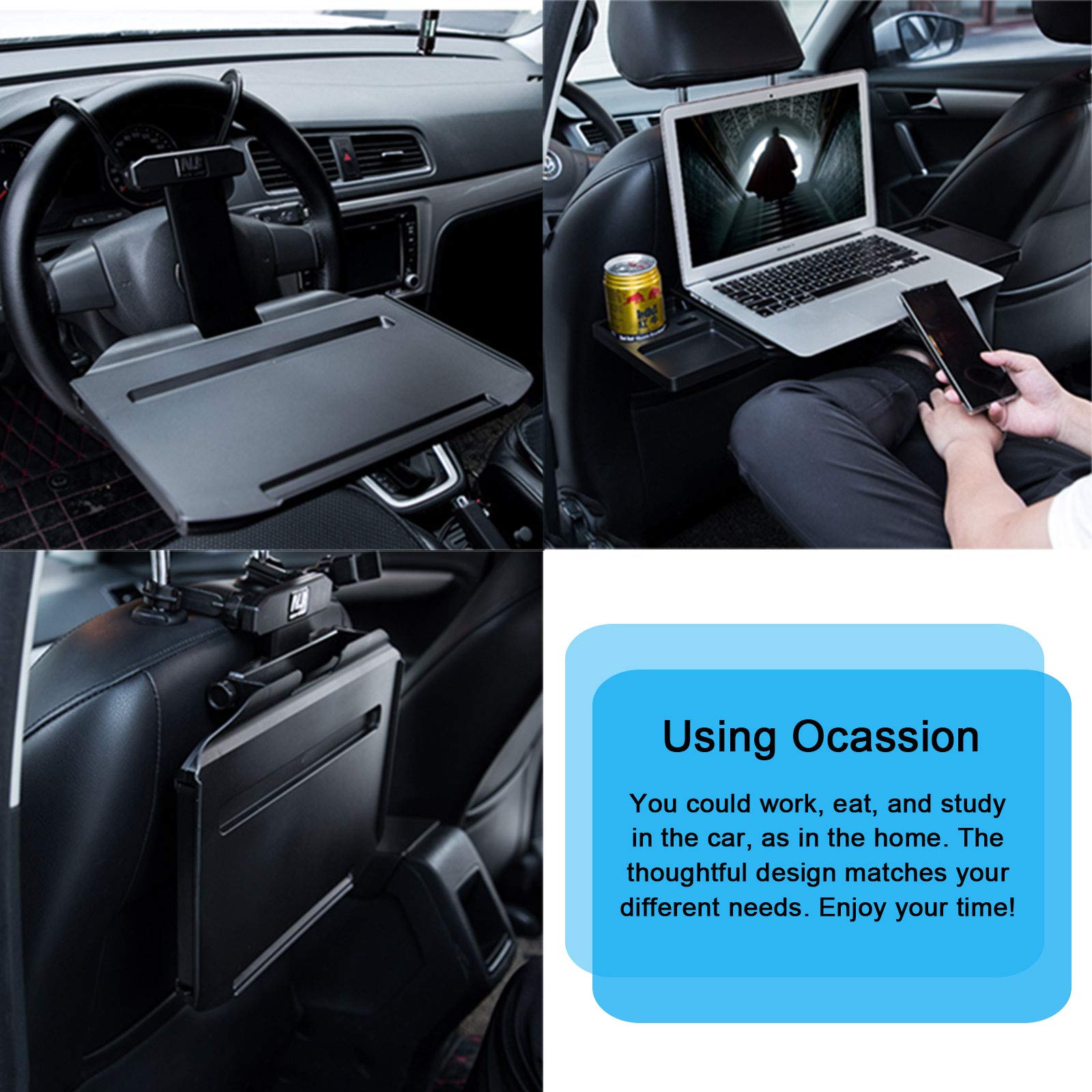 Kwak's Foldable Car Table - Steering Wheel Desk with Drawers & Drink Holder for Back Seat Dining & Work