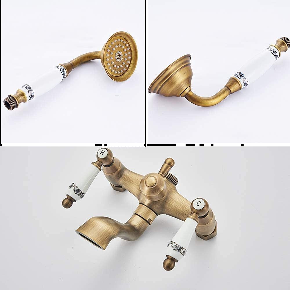 Antique Brass Shower Tap System - 8 Inch Rainfall Shower Head with Ceramic Hand Shower & Tub Spout, Wall Mounted Bathroom Fixture Set with Double Ceramic Handles | Perfect for Modern & Vintage Bathroom Renovations