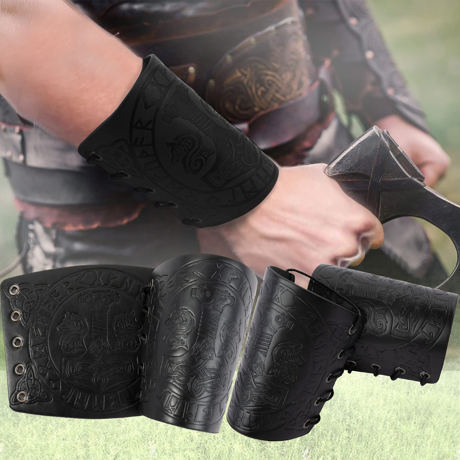Viking Leather Bracers - Medieval Knight Arm Guards, LARP PU Leather Gauntlet, Embossed Armor Wristband for Cosplay & Renaissance Fairs - Perfect for Role Playing, Historical Reenactments & Costume Accessories