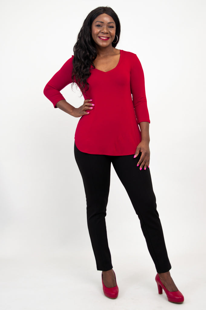 Jackie 3/4 Sleeve Women's Tops - Soft Bamboo Fabric Lipstick Red Blouse for Casual Wear & Office Outfits
