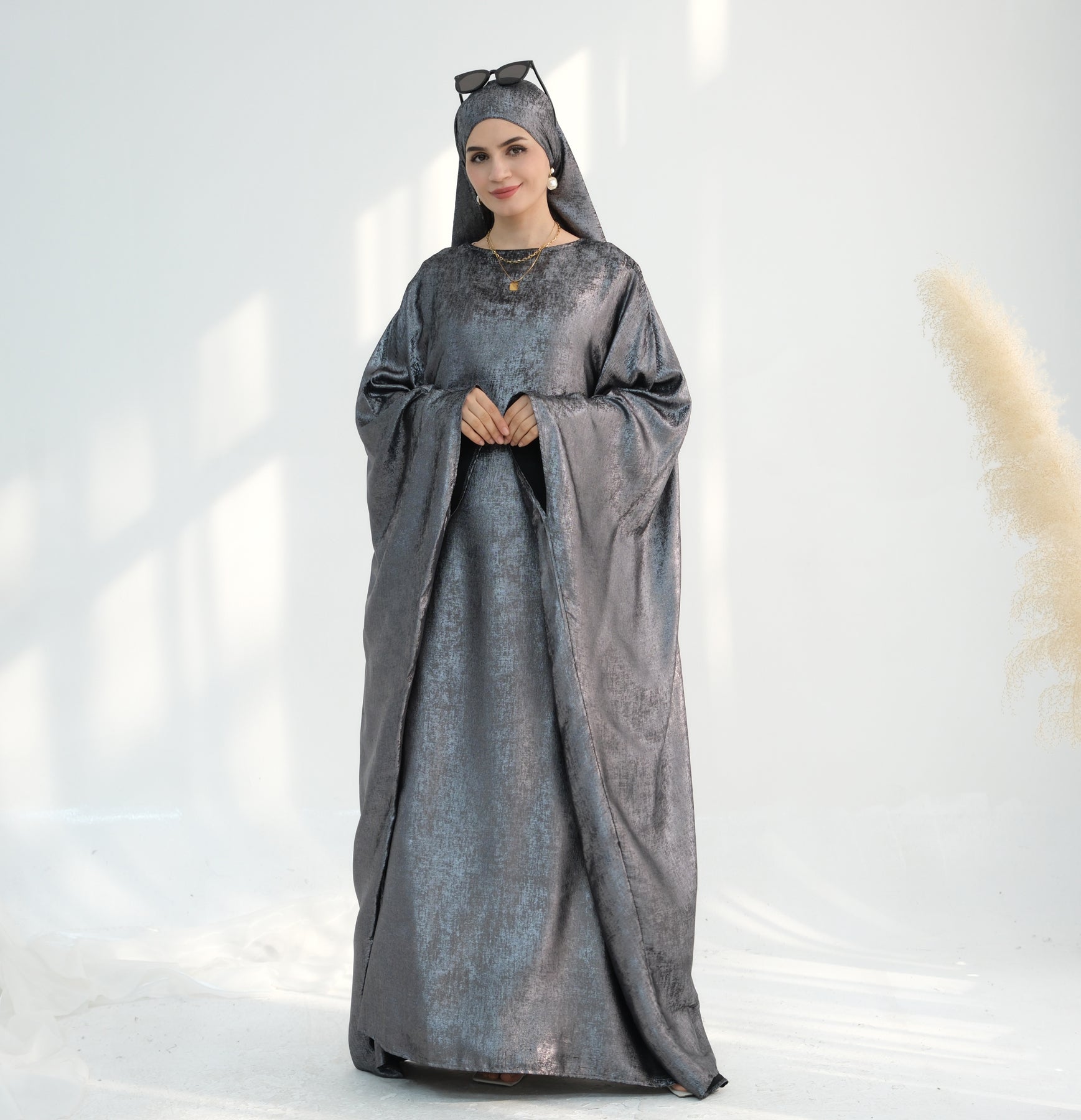 Linora Shimmer Butterfly Abaya - Elegant Gray Islamic Dress for Women | Perfect for Eid, Ramadan & Special Occasions