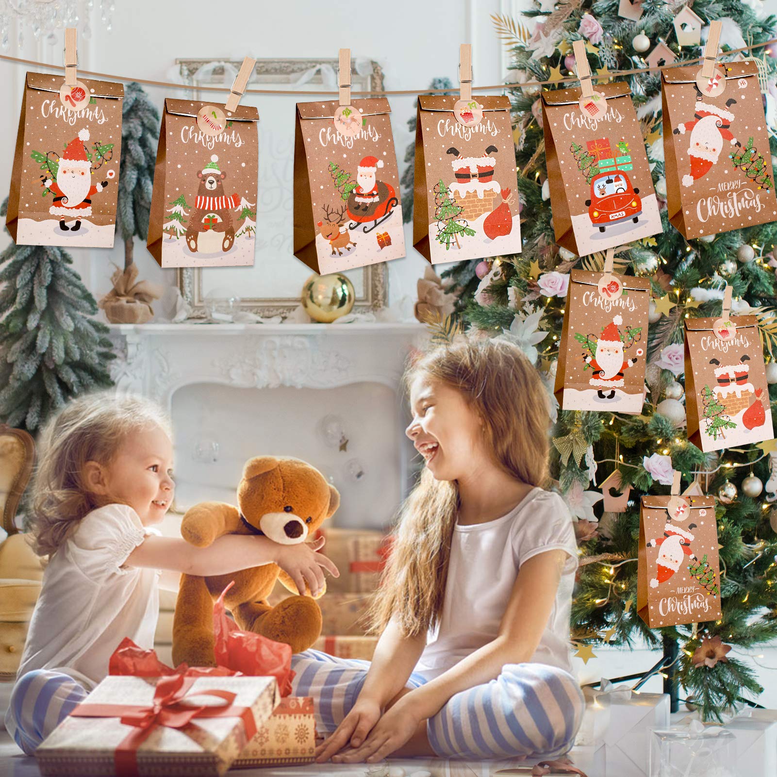 Konsait 24 Days Advent Calendar Christmas Decorations - DIY Countdown Calendar with Gift Bags, Numbers Stickers, Clips & Rope for Holiday Party Favors | Perfect for Christmas Countdown, Home Decor & Gift Giving