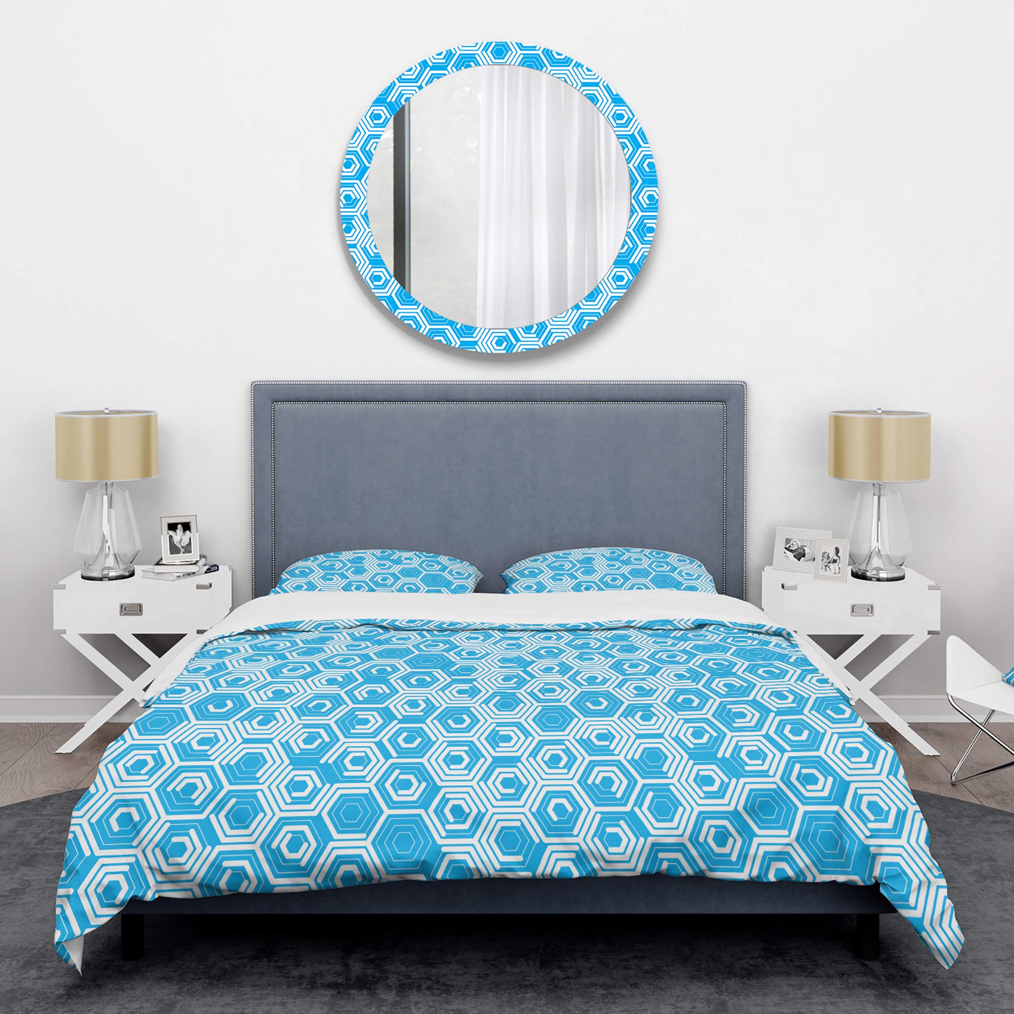 DesignQ Retro Hexagon Pattern VII Mid-Century Modern Duvet Cover Set - Blue Twin Size 3-Piece Bedding (Duvet Cover + 2 Pillowcases) - All Season Comfort for Vintage Inspired Bedrooms & Guest Rooms