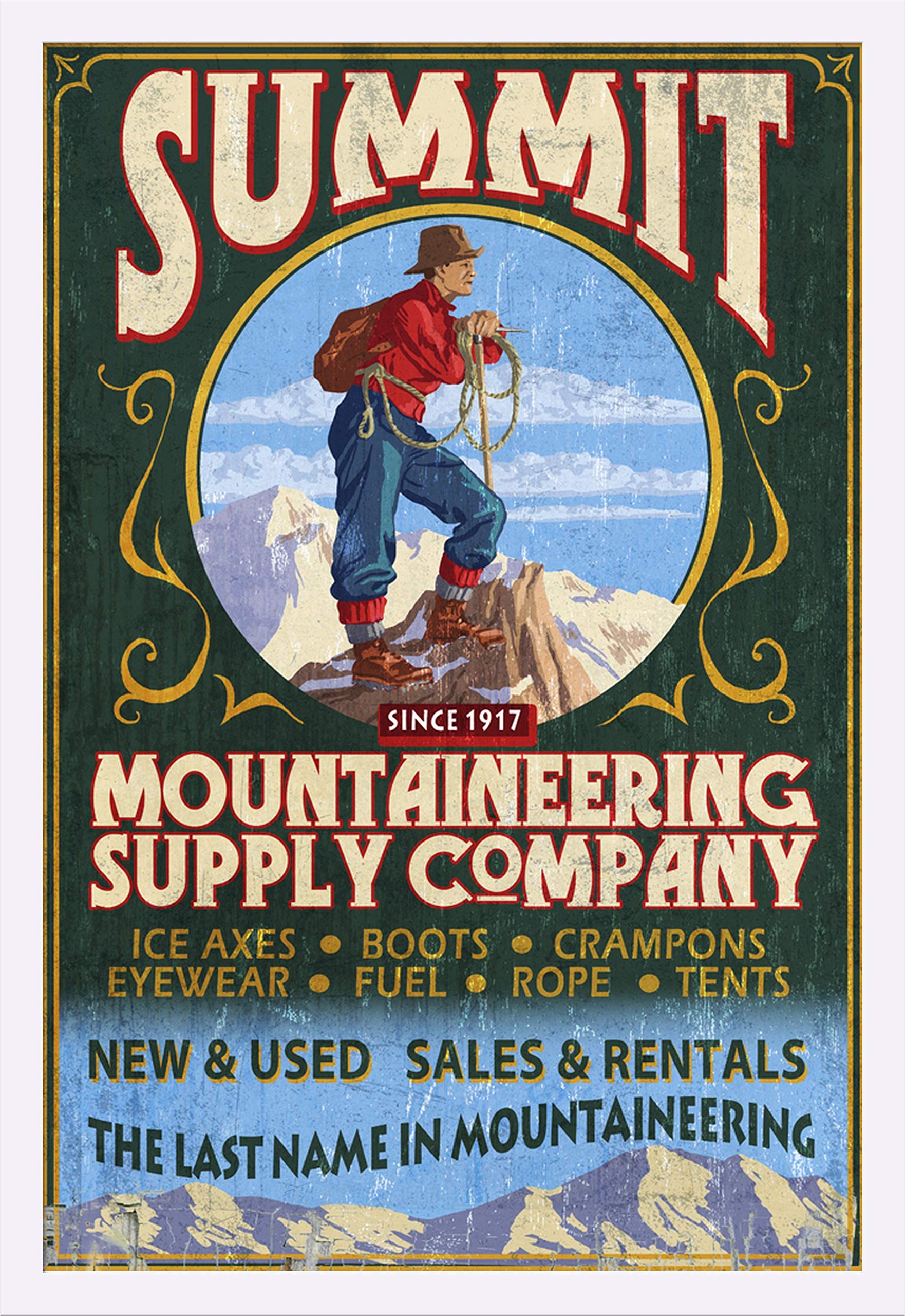 Vintage Mountaineering Supplies Art Print - 24x36 Giclee Canvas, Gallery Framed in White Wood - Perfect for Cabin Decor, Outdoor Enthusiast Gifts & Adventure-Themed Home Office