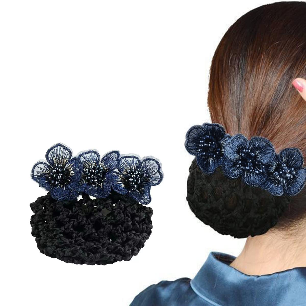MAYCREATE Floral Hair Bun Snood Net - Women's Knit Bun Cover & Clip Hairnet for Daily Use, Work, Nurses, Dancers - Mesh Bun Maker Accessory for Secure & Stylish Hairstyles (Multi-Color)