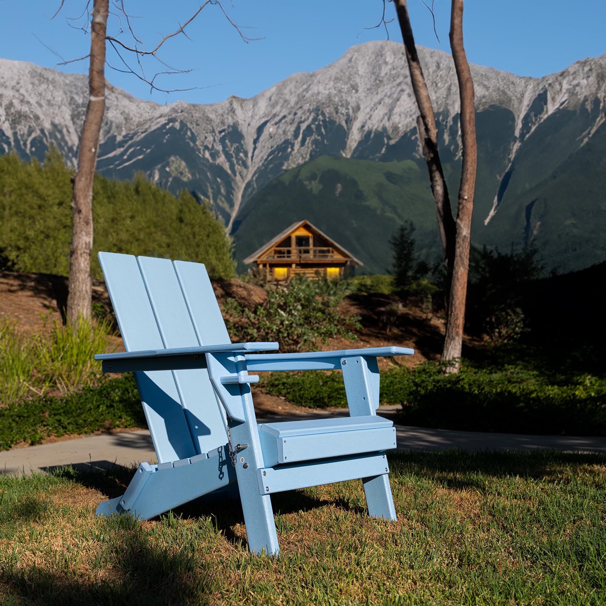 ResinTeak Folding Adirondack Chair with Cup Holder - Extra Wide Comfort Seat, Outdoor Patio Furniture for Backyard, Deck, Poolside & Fire Pit - Newport Collection (Blue) - Perfect for Relaxing, Sunbathing & Outdoor Gatherings
