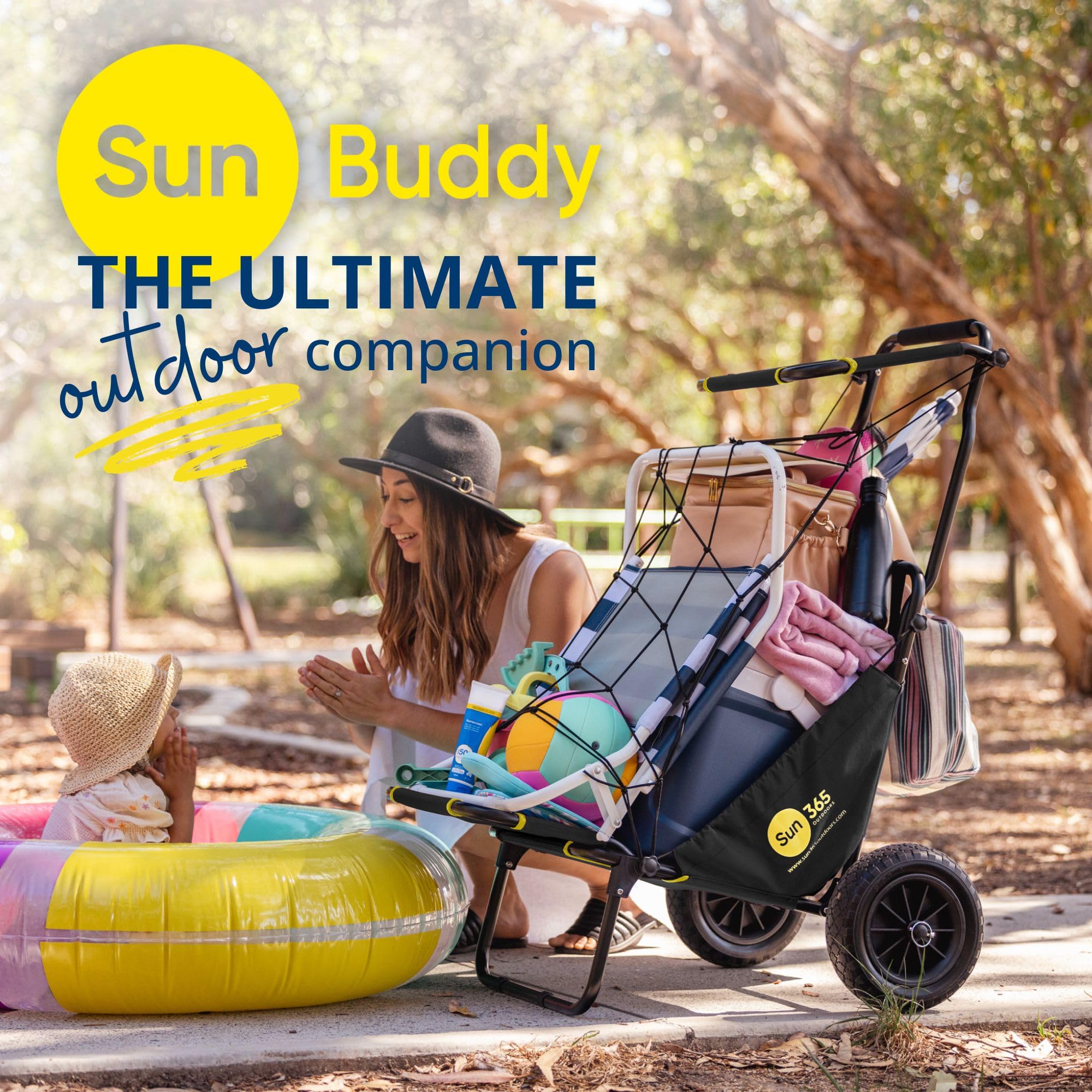 Foldable Beach Fishing Trolley Cart with Chair - All Terrain Balloon Wheels, Sun Canopy & Cargo Net - 200 lbs Capacity for Picnics, Camping, Fishing & Outdoor Adventures