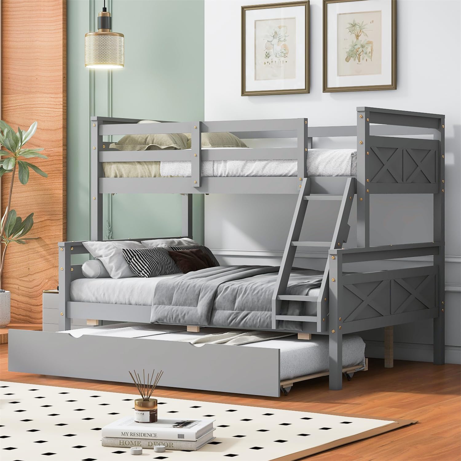 Merax Twin Over Full Wood Bunk Bed with Trundle - Solid Wood Frame, Guardrail & Ladder - Space-Saving Grey Bunk Bed for Kids, Teens & Guest Rooms - Perfect for Small Bedrooms, Vacation Homes & Shared Spaces