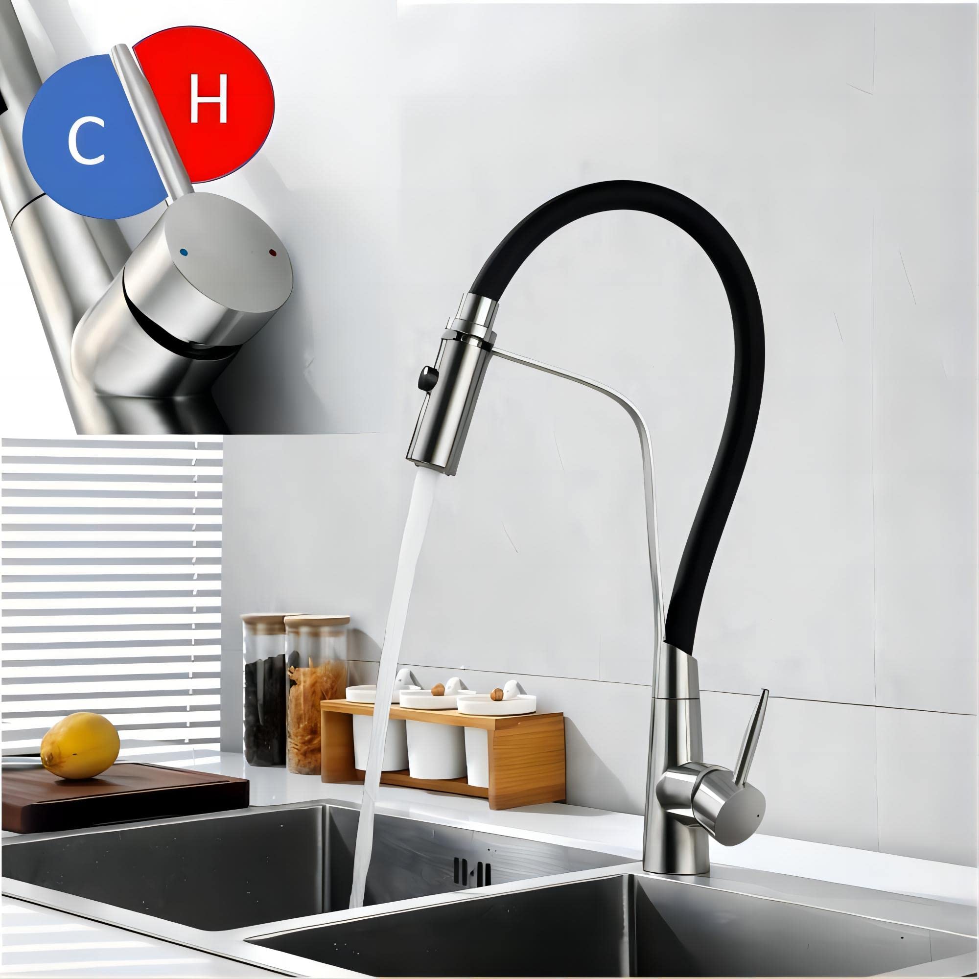 Brushed Nickel Single Handle Kitchen Faucet with Pull Down Sprayer - Single Hole Mount for Sink - Perfect for Modern Kitchens and Easy Dishwashing