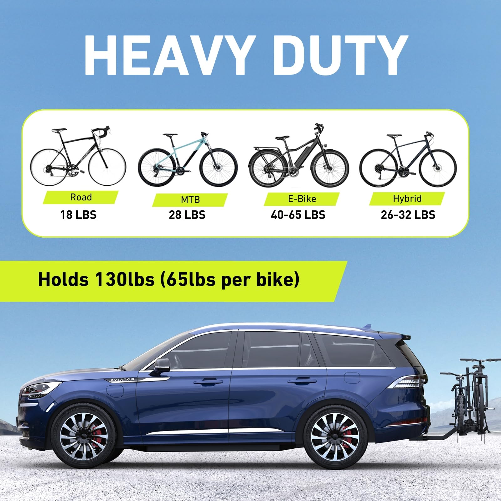 Vibrelli Hitch Bike Rack for 2 Electric Bikes - Heavy Duty 65lbs Capacity per Bike - Fits Fat Tire, Mountain & Road Bikes - Anti-Wobble Design for Cars & SUVs - Foldable Tilting Platform - Perfect for Road Trips, Camping & Outdoor Adventures