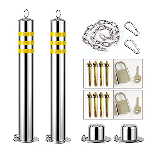 2 Pack Stainless Steel Parking Barrier Post with Detachable Iron Chain & Lock (76×600mm) - Durable Security Bollard for Driveways, Garages & Parking Lots