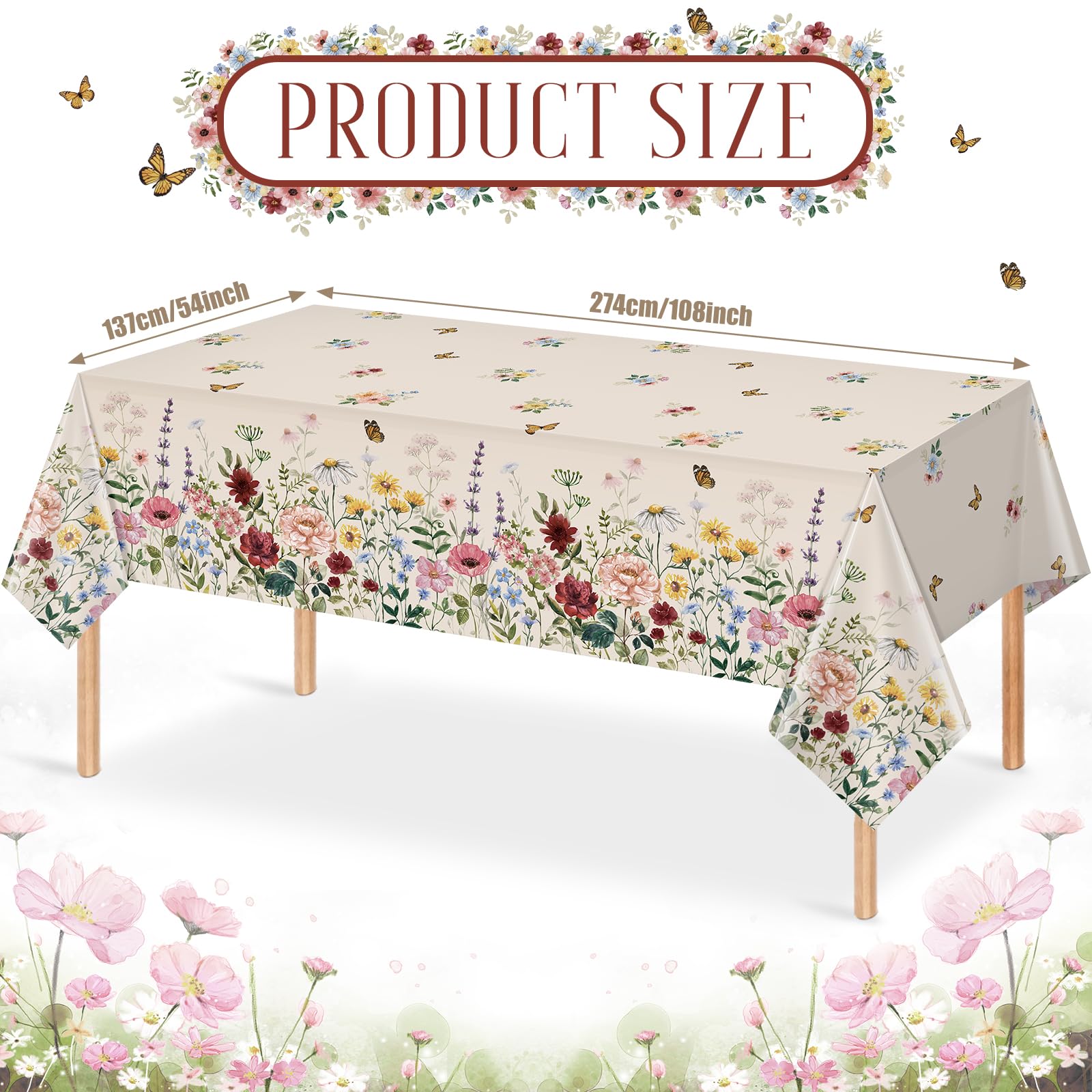 3-Piece Spring Floral Plastic Tablecloth Set - Disposable Rectangle Table Cover with Butterfly & Wildflower Design (54x108 Inch) for Easter, Birthday, Wedding, Mother's Day Decorations | Perfect for Tea Parties, Picnics & Outdoor Events