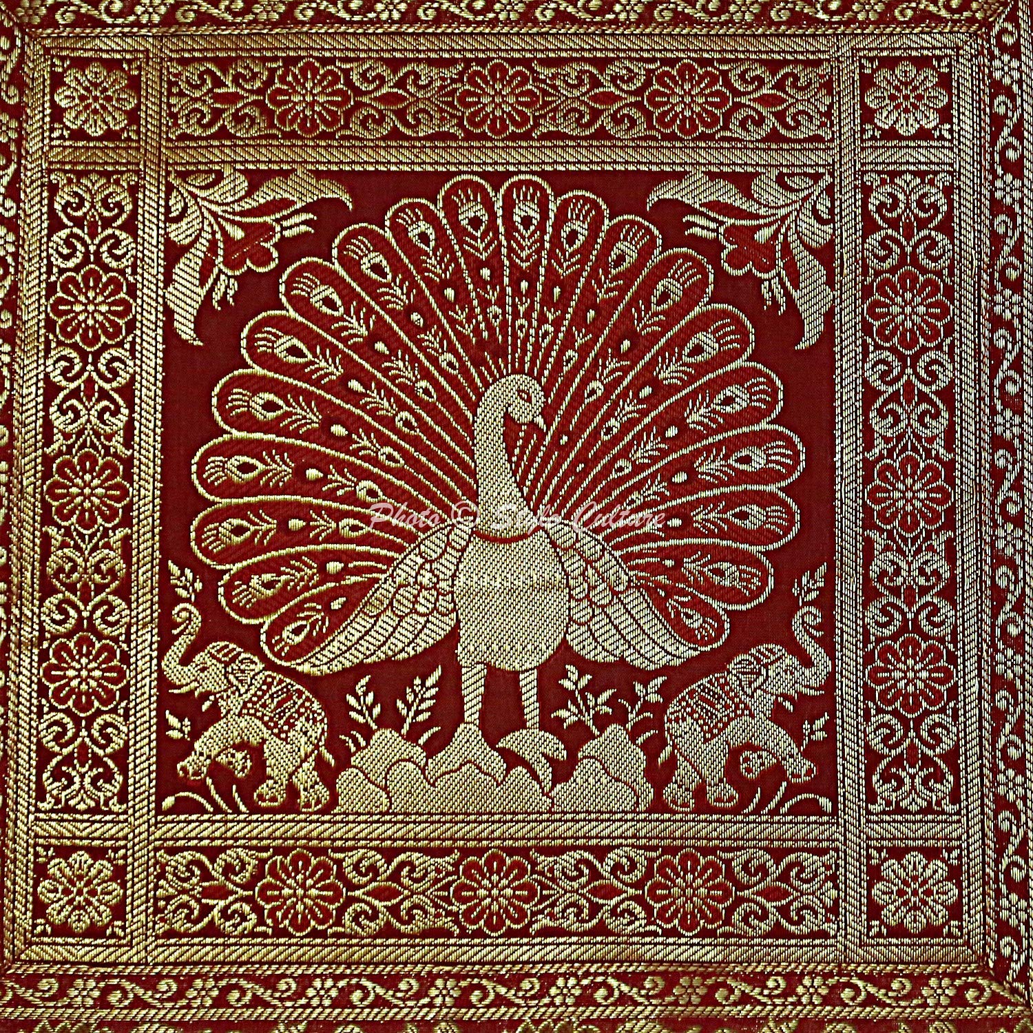 Indian Zippered Brocade Throw Pillow Covers 16x16 - Burgundy Maroon & Gold Jacquard Weave Banarasi Decorative Cushion Cases with Dancing Peacock Floral Design (40x40 cm, 1 Piece) - Perfect for Sofa, Bed, Living Room & Home Decor