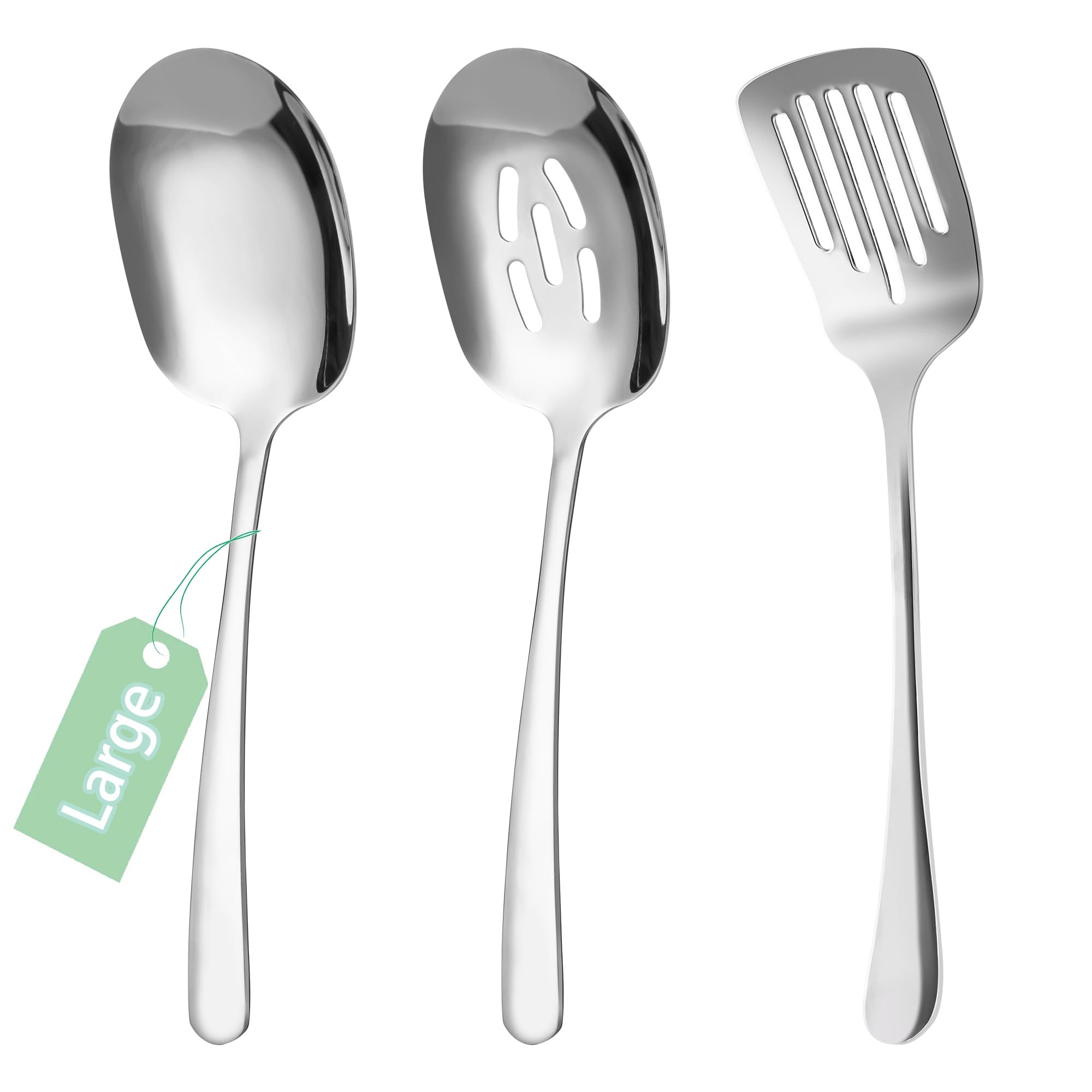 3-Piece Stainless Steel Serving Spoon Set - 18/8 Large Serving Utensils Includes Serving Spoon, Slotted Spoon & Turner - Premium Kitchen Tools for Cooking, Serving & Entertaining - Dishwasher Safe for Easy Cleaning
